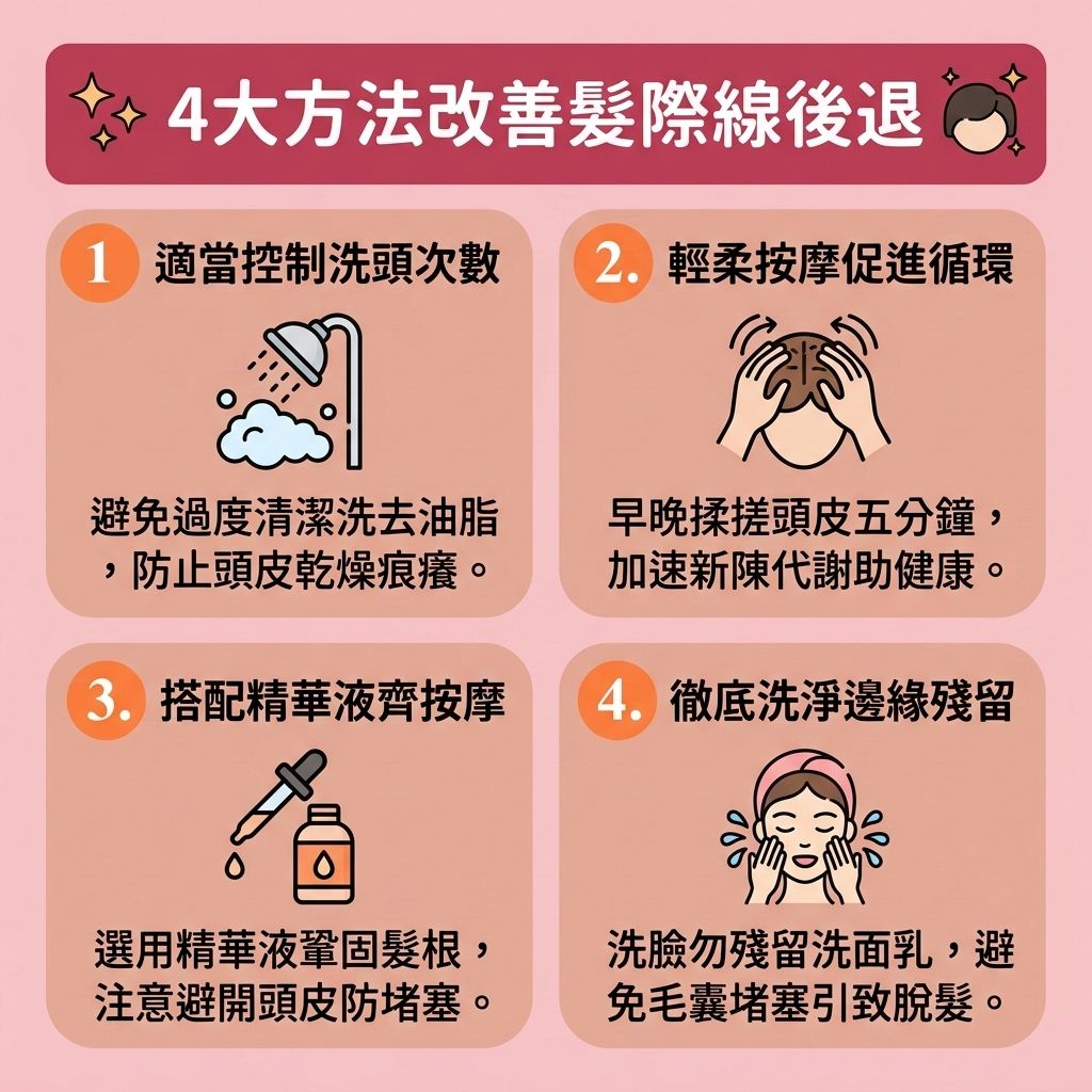 這是一張 1:1 正方形的扁平化向量資訊圖表插畫,採用台灣健康部落格風格,教您如何面對【脫髮早期先兆】與【髮際線後移】。無論是【女性脫髮原因】還是【男性脫髮危機】,當【遺傳】因素或體內【荷爾蒙】(如【睪酮】)轉化為【雙氫睪酮】時,會無情攻擊【額角】的【毛囊】,引發嚴重的【雄性禿】與【髮際線】後退。
圖表提供了4大【預防脫髮方法】來【解決前額脫髮】並【改善頭髮稀疏】。首先,控制洗頭次數能維持【皮脂腺】正常的【頭皮油脂分泌】,【改善頭皮環境】。其次,透過按摩【頭皮】可促進【血液循環】,幫助【強健脆弱髮根】、【延長生長週期】並【促進頭髮生長】。同時,可搭配無【生髮水副作用】的精華液來【激活休眠毛囊】,並在洗臉時徹底清潔邊緣,防止毛孔堵塞。
若要進一步【刺激毛囊再生】及【增加頭髮密度】,除了使用含【米諾地爾】的【生髮水】、服用【非那斯特萊】等【生髮藥】,或利用【鋸棕櫚】進行【鋸棕櫚防脫髮】以【抑制男性荷爾蒙】外;針對嚴重【脫髮】與失去的【頭髮】,也可考慮尋求【專業生髮療程】、先進的【植髮】手術,