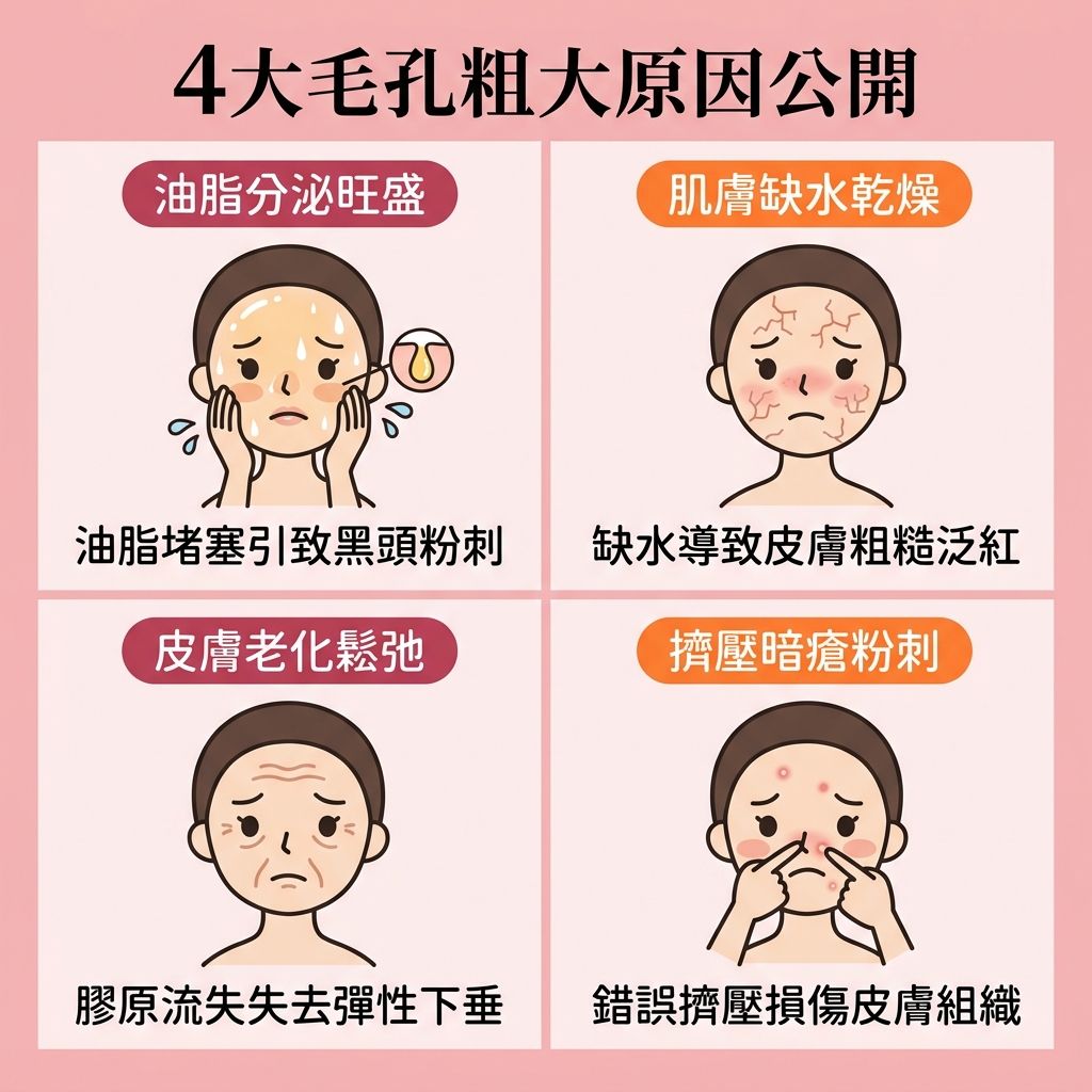 這是一張正方形的可愛扁平化醫美資訊圖表,詳細分析四大毛孔粗大的成因與對策。圖表第一部分指出皮脂腺過度活躍會分泌大量油脂,若角質層過厚會形成黑頭與粉刺。建議使用含水楊酸或果酸的潔面乳與爽膚水進行深層清潔與溫和去角質,以溶解黑頭、減少皮脂分泌、抑制油脂分泌,達致水油平衡與清爽控油,從而疏通毛孔及防止毛孔堵塞。
第二部分說明肌膚缺水問題,需注重鎖水保濕,補充透明質酸來修復皮膚屏障與改善粗糙膚質。第三部分描繪老化現象,隨著膠原蛋白與彈性纖維流失,需適時使用視黃醇及做好日常防曬,有助於延緩皮膚衰老、提升肌膚彈性與緊緻肌膚。第四部分警告亂擠暗瘡會損害組織。
為全面預防毛孔粗大及收細毛孔,圖表推薦結合高科技如激光與射頻療程。特別推介完美醫療的暗瘡分手療程,能促進新陳代謝、刺激膠原增生、有效淡化暗瘡印,從根源解決所有肌膚煩惱。