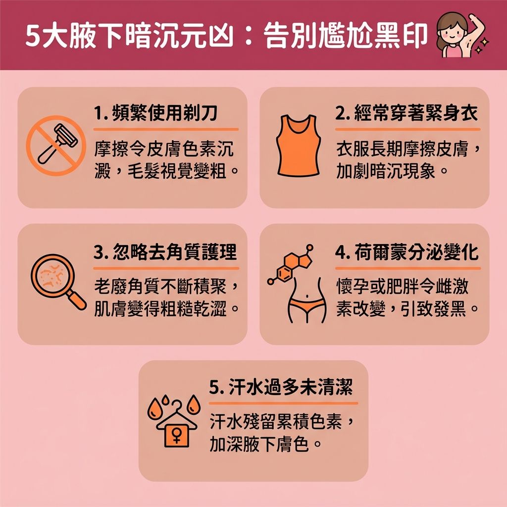 這是一張台灣健康部落格風格的資訊圖表,詳細拆解腋下變黑原因,並提供腋下美白方法與去除腋下黑印的指南。圖解指出,經常使用剃刀、鑷子、脫毛膏或蜜蠟除毛,容易引發拔毛後遺症,導致皮膚的毛囊受損、皮脂失衡及炎症,形成黑色素與色素積聚,甚至需要進行毛髮倒生處理以避免毛囊發炎。此外,汗腺分泌旺盛若未清潔,或忽略止汗劑副作用(如過度使用止汗劑),也會加劇暗沉,難以減少汗味異味。
日常的腋下保養步驟建議採用溫和去角質,使用含果酸、水楊酸或磨砂膏的美白去印產品,能有效軟化老化角質、清理死皮與角質,從而修復受損屏障、解決毛孔粗大及改善色素沉澱。
針對追求長效無瑕的人士,專業的腋下脫毛推薦選擇無痛激光脫毛。透過激光脫毛療程的激光技術,不僅能安全除毛,還能舒緩脫毛紅腫、收細腋下毛孔,讓腋下與毛孔重拾白滑光澤。