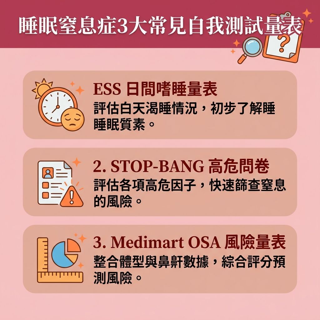 這是一張台灣健康部落格風格的 1:1 正方形扁平化資訊圖表,詳細解說【睡眠窒息症評估】的三大自我測試。當出現【睡眠缺氧症狀】或頻繁【鼻鼾】時,需警惕【阻塞性睡眠窒息症】(一種常見的【睡眠窒息症】)。了解【睡眠窒息症成因】可知,當頸部【脂肪】積聚壓迫【呼吸道】、或【喉嚨】與【軟顎】的【肌肉】過度鬆弛,甚至【扁桃腺】過大,都會導致【睡眠呼吸中止】。此外,患有【鼻敏感】或【鼻竇炎】等問題也會增加上呼吸道阻塞的機率。
為了【減輕日間疲倦】並【預防心血管疾病】,大眾可先在家進行量表自測,並考慮使用市面上的【脈搏血氧儀】監測夜間【血氧】。若發現【停止呼吸頻率】過高,應盡早前往專業【診所】或【醫院】尋求【醫生】進行正式的【睡眠測試】(如【睡眠多項生理檢查】)。透過【腦電圖】、【心電圖】與專業的【睡眠監測儀】來完成精準的【睡眠窒息症診斷】。許多人也會比較【睡眠測試收費】,進而選擇【家居睡眠測試】或尋找合適的【睡眠測試醫院】。
在確診後,醫生會提供【睡眠窒息症治療】與【打鼻鼾解決方法】。除了配戴【呼吸機】並留意【呼吸機副作用】外,也有許多非手術的【解決鼻鼾方法】。例如透過【無創止鼾療程】來【改善呼吸道阻塞】與【保持呼吸道暢通】,這能有效【改善睡眠質素】,讓你徹底告別打呼困擾。