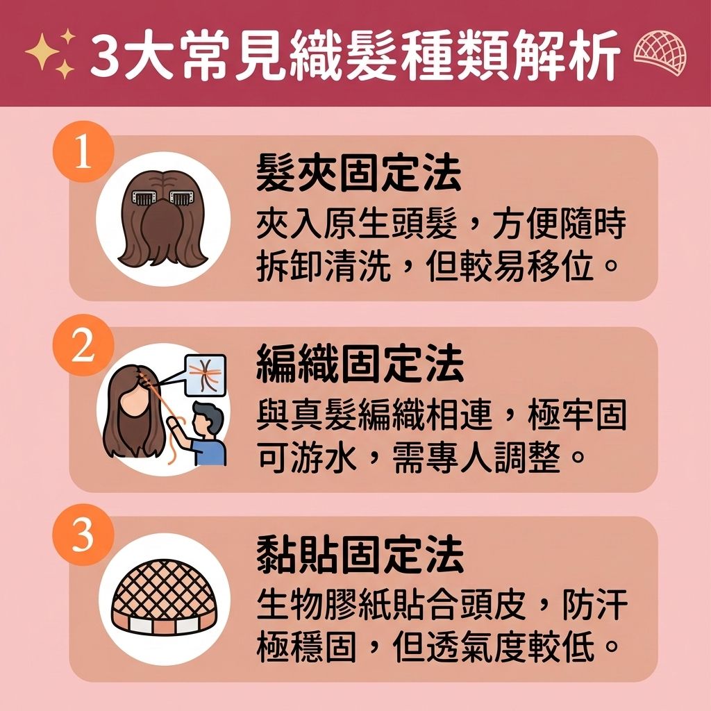 這是一張 1:1 正方形的扁平化向量資訊圖表插畫,採用台灣健康部落格風格,詳細介紹作為【無創增髮技術】的【織髮】,並進行【織髮效果比較】與【脫髮治療比較】。面對【荷爾蒙】轉化為【雙氫睪酮】所引起的【脫髮】、【髮線】後移與【雄性禿】,這是一項能迅速【遮蓋禿頭】、【增加頭髮密度】並【解決地中海脫髮】的【髮線後移治療】方案。
圖表對比了以【真髮】或纖維製成的【假髮】與【髮網】固定方式。第一種是髮夾固定,適合有【脫髮早期先兆】者。第二種是編織固定,需要【定期修剪護理】。第三種是使用【黏合劑】貼合【頭皮】,但若清潔不當恐影響【皮脂腺】,導致【阻塞毛孔發炎】、【頭皮敏感痕癢】甚至引發【毛囊炎】。
雖然織髮能迅速【改善頭髮稀疏】,但若想從根本上進行【專業生髮療程】,醫學上建議搭配【生髮水】(如含【米諾地爾】的產品)、口服【非那斯特萊】,或使用【鋸棕櫚】及【鋸棕櫚防脫髮】產品來【抑制男性荷爾蒙】。同時,需注重【改善頭皮環境】及【血液循環】,這才是治本的【預防脫髮方法】。長遠來看,若想真正【促進頭髮生長】、【刺激毛囊再生】、【強健脆弱髮根】,甚至一勞永逸,則需考慮激活【毛囊】的療程或直接進行【植髮】手術。