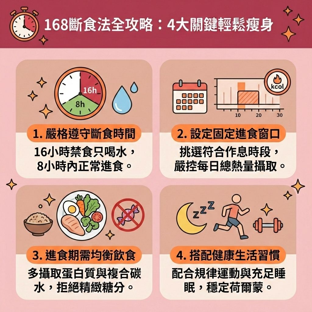 這是一張採用台灣健康部落格風格的 1:1 正方形扁平化向量資訊圖表,排版分為四個帶有可愛圖示的圓角矩形區塊,背景為淺粉紅,介紹「168斷食法全攻略」。
圖表詳細說明執行168斷食與間歇性斷食的四大步驟。首先要設定正確的進食窗口與斷食期間,期間只喝水以控制熱量攝取,創造熱量赤字。這能有效穩定血糖與胰島素,避免168斷食無效原因。進食時應調節飲食結構,採取減脂增肌飲食,多補充蛋白質與膳食纖維,減少精緻碳水化合物,有助於促進腸胃蠕動、排毒清腸宿便並改善水腫問題。
良好的斷食習慣能調節內分泌與荷爾蒙,提升基礎代謝率及整體新陳代謝。配合運動能增加肌肉量,縮小脂肪細胞,延長燃脂時間,是極佳的減大肚腩方法。不僅能燃燒深層脂肪、消除腹部贅肉、改善中央肥胖、減少內臟脂肪,更能降低體脂比例與體脂率,預防脂肪積聚,助你突破減肥停滯期,打造易瘦體質。圖表也提醒要改善睡眠質素。若想更快速雕塑體態,可結合醫學美容的局部減脂療程與無創減脂技術,透過專業醫美定位修形,安全重塑完美體態!