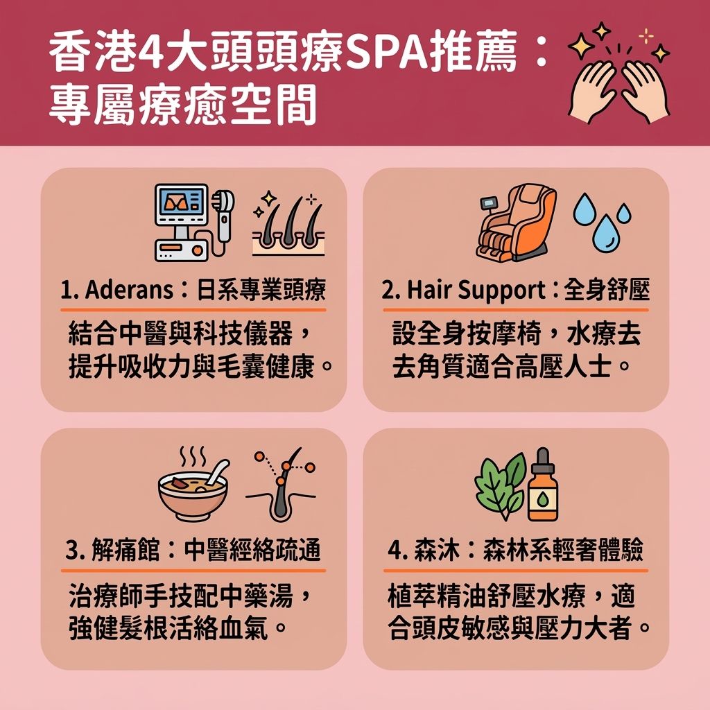 這是一張台灣健康部落格風格的 1:1 正方形資訊圖表,主題為香港頭療推介。圖表詳細介紹了四間專業的頭皮護理中心,提供多元化的舒壓放鬆療程。這些療程能有效緩解頭痛疲勞,釋放都市生活帶來的壓力,並透過頭部穴位按摩刺激穴位,幫助改善睡眠質素與減輕睡眠障礙。
療程中,專業的理療師會結合傳統中醫理論,進行中醫頭部理療與疏通頭部經絡(按摩經絡)。他們善用精油頭療功效,搭配天然精油與專業儀器進行按摩,有效舒緩頭皮敏感並延緩頭皮老化。針對皮脂腺失衡,提供頭皮深層清潔療程以淨化毛囊堵塞、清除老廢角質,這不僅是解決頭皮出油與對抗炎症的好方法,也是極佳的去頭皮屑方法,能徹底告別惱人的頭皮屑。
圖表建議日常可配合優質的洗頭水與護髮素,為頭皮與毛囊注入充足營養。透過頭皮按摩排毒能促進血液循環,發揮防脫髮護理的作用。這對改善頭髮扁塌、改善頭髮稀疏及預防異常脫髮有顯著效果。若想了解各家店的特色與合理的頭皮護理收費,這張圖表是您尋找最佳頭皮療癒空間的指南。