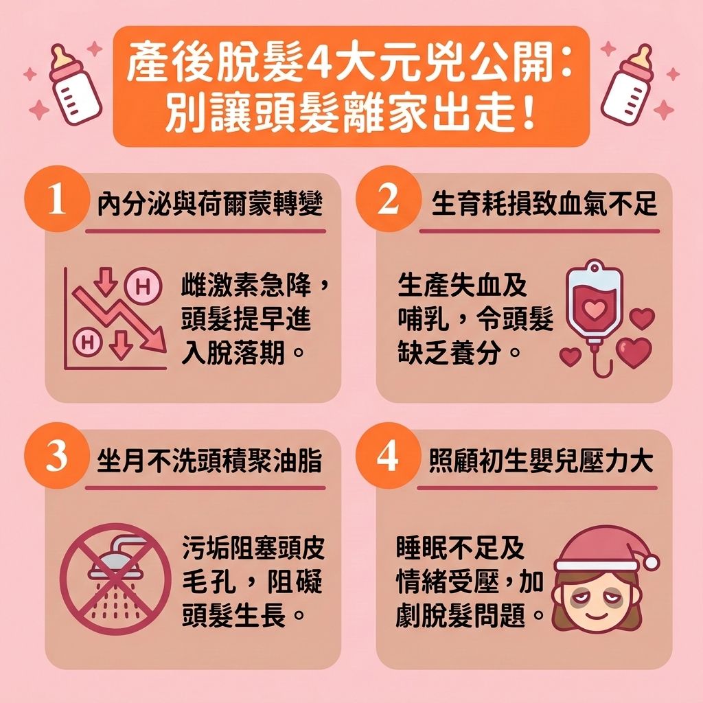 這是一張 1:1 正方形的可愛扁平化向量插畫,採用台灣健康部落格風格,為您解碼【產後脫髮】的秘密。 圖表生動展示了健康的【頭髮】與【毛囊】結構,說明【產後掉髮週期】的改變。圖中指出【產後脫髮成因】主要來自【荷爾蒙變化】,當體內的【雌激素】與【孕酮】急降,【頭髮】會從【生長期】提早進入【休止期】。若媽媽【睡眠】不足或【壓力】過大,必須【舒緩產後壓力】及【改善睡眠質素】來【調理產後身體】。
此外,媽媽需【補充頭髮營養】,多攝取【蛋白質】與【鐵質】,【促進頭皮血液循環】,為【頭皮】提供足夠【營養】。日常要正確【選擇防脫髮產品】,使用溫和的【洗頭水】及【防脫髮洗頭水】做好清潔,或塗抹【生髮水】及【育髮精華】來【強健脆弱髮根】並【延長頭髮生長期】,有效【預防產後脫髮】及【改善休止期脫髮】。