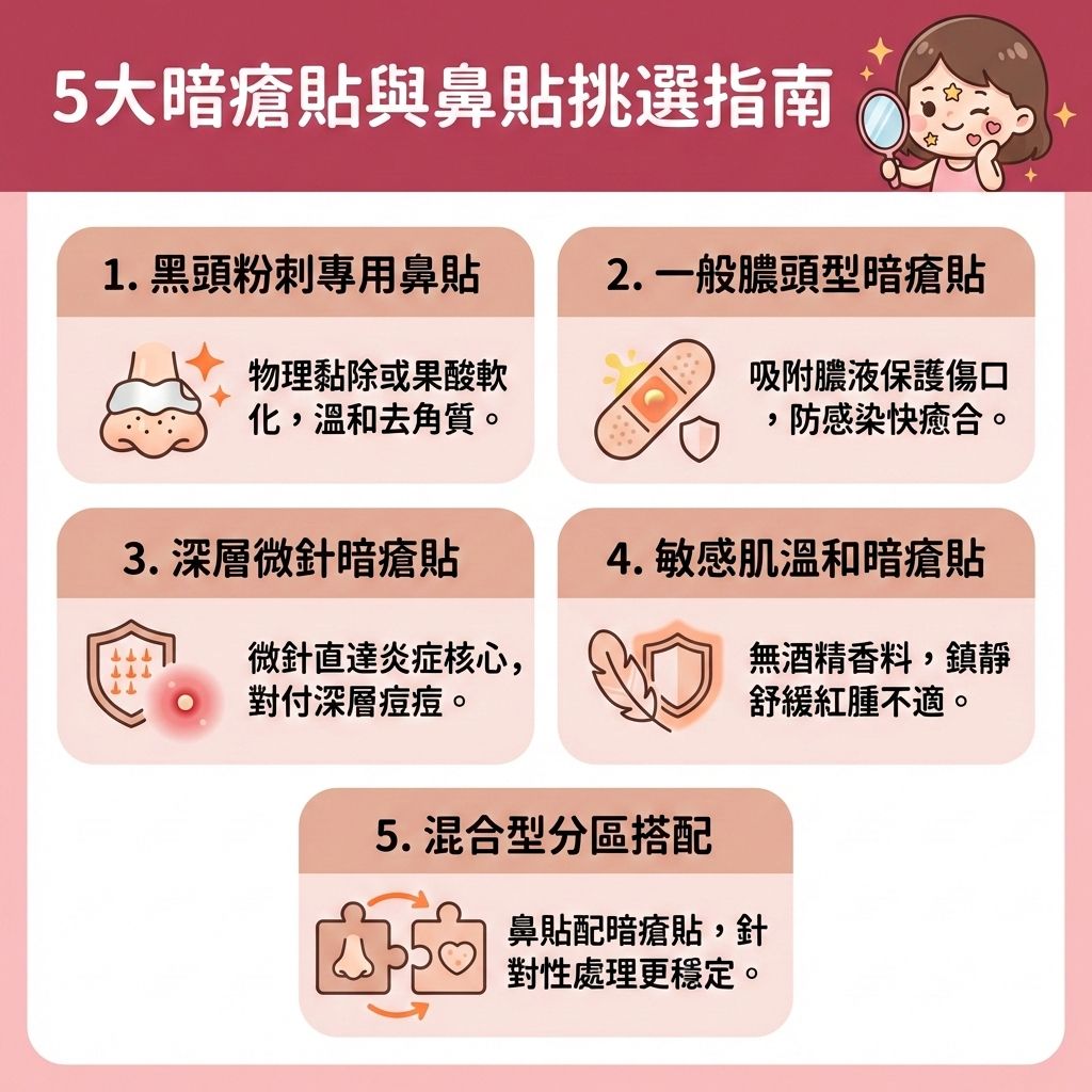 這是一張台灣健康部落格風格的正方形醫美資訊圖表,教導大家如何挑選暗瘡貼與鼻貼。特別是在月經期間,因荷爾蒙與內分泌變化,黃體酮與雌激素失衡,極易引發暗瘡與粉刺。這些問題常出現在下巴、額頭與臉頰。為了舒緩經前綜合症與改善荷爾蒙失調,除了使用合適的護膚品來溫和潔淨肌膚與徹底清潔皮膚外,更需注意脾胃與子宮健康,做到避免進食生冷與飲食清淡去濕。
過大的壓力與不良的睡眠會引發肝火,刺激皮脂腺。因此要疏肝解鬱降火、保持心情開朗並改善睡眠質素,這有助於調節內分泌與控制油脂分泌,從而預防暗瘡粉刺與減少下巴暗瘡。正確使用暗瘡貼能幫助修復受損屏障,達到褪紅消炎鎮靜的效果。日常保養也要補充水分保濕與促進血液循環。
若肌膚問題持續,建議諮詢專業的皮膚科醫生。圖表最後強烈推薦了完美醫療的專業醫學美容項目,包含激光去印療程與皇牌「暗瘡分手療程」,助您輕鬆解決煩惱,實現長效預防復發!