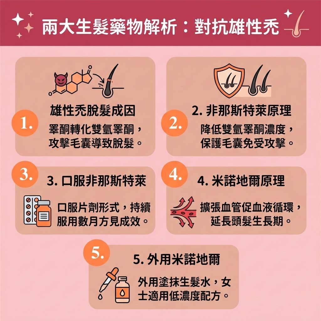 這是一張 1:1 正方形的可愛扁平化向量資訊圖表,採用台灣健康部落格風格,介紹實用的【生髮藥物推薦】與【雄性禿治療方法】。圖表解析了常見的【女性脫髮原因】,當【遺傳】、【荷爾蒙】或【雌激素】失調時,體內的【睪酮】會轉化為【雙氫睪酮】,進而攻擊【頭皮】上的【毛囊】,導致【遺傳性脫髮】與【雄性禿】。若伴隨【皮脂腺】異常與【頭皮油脂分泌】過盛,更易引發【毛囊炎】與【脂溢性脫髮】。
圖中詳細對比了兩種主要成分:【處方藥物】【非那斯特萊】作為【口服生髮藥】,能有效【抑制荷爾蒙】,從而【減少掉髮】並【強健髮根】;而另一種成分【米諾地爾】(常見於【外用生髮水】及一般【生髮水】中),則能促進【血液循環】,幫助【激活休眠毛囊】,並【延長生長週期】,達到【促進頭髮生長】的效果。
圖表建議,為了有效【預防脫髮】與【改善頭髮稀疏】,患者應留意藥物【副作用】及【生髮水副作用】。日常保養可搭配含【咖啡因】的【洗髮水】或【防脫髮洗頭水】,善用【咖啡因洗髮露功效】輔助改善【脫髮】。若情況嚴重,亦可尋求【專業生髮療程】或【植髮】來徹底解決頂上危機。