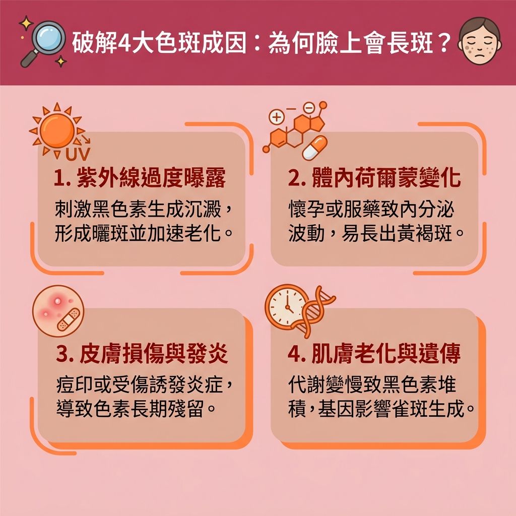 這是一張關於面部【色斑】成因的教育性台灣健康部落格風格資訊圖表。當皮膚暴露於強烈【紫外線】下,【表皮層】與【真皮層】內的【黑色素細胞】會被激活,導致【黑色素】過量生成。若【新陳代謝】緩慢,便會形成【太陽斑】、【老人斑】、【黃褐斑】(即【荷爾蒙斑】)以及與遺傳相關的【雀斑】。
為了【預防色素沉澱】與【阻截黑色素形成】,我們必須採取正確的【物理防曬方法】並塗抹【防曬霜】。日常保養可選用含有【維他命C】、【煙酰胺】或【熊果素】的【護膚品】與【美白精華】。這些成分能【抑制酪氨酸酶】的活性,【抵抗自由基】,幫助【促進新陳代謝】並【去除老廢角質】。這不僅能【修復受損肌膚】、【去除暗瘡印】,更能有效【改善暗沉肌膚】、【改善膚色不均】,最終達到【提亮膚色】與【均勻膚色】的目的。
如果想要徹底【解決色素沉澱】並快速【淡化色斑】,許多專業機構會提供【去斑療程推薦】,例如進行【皮秒激光】等高效的【美白去斑療程】。這類療程能精準【擊碎深層黑色素】,並透過熱能【刺激膠原增生】(喚醒肌底的【膠原蛋白】)。只要選擇合適的療程,便能獲得極佳的【激光去斑效果】,讓你重拾白皙無瑕的健康肌膚。