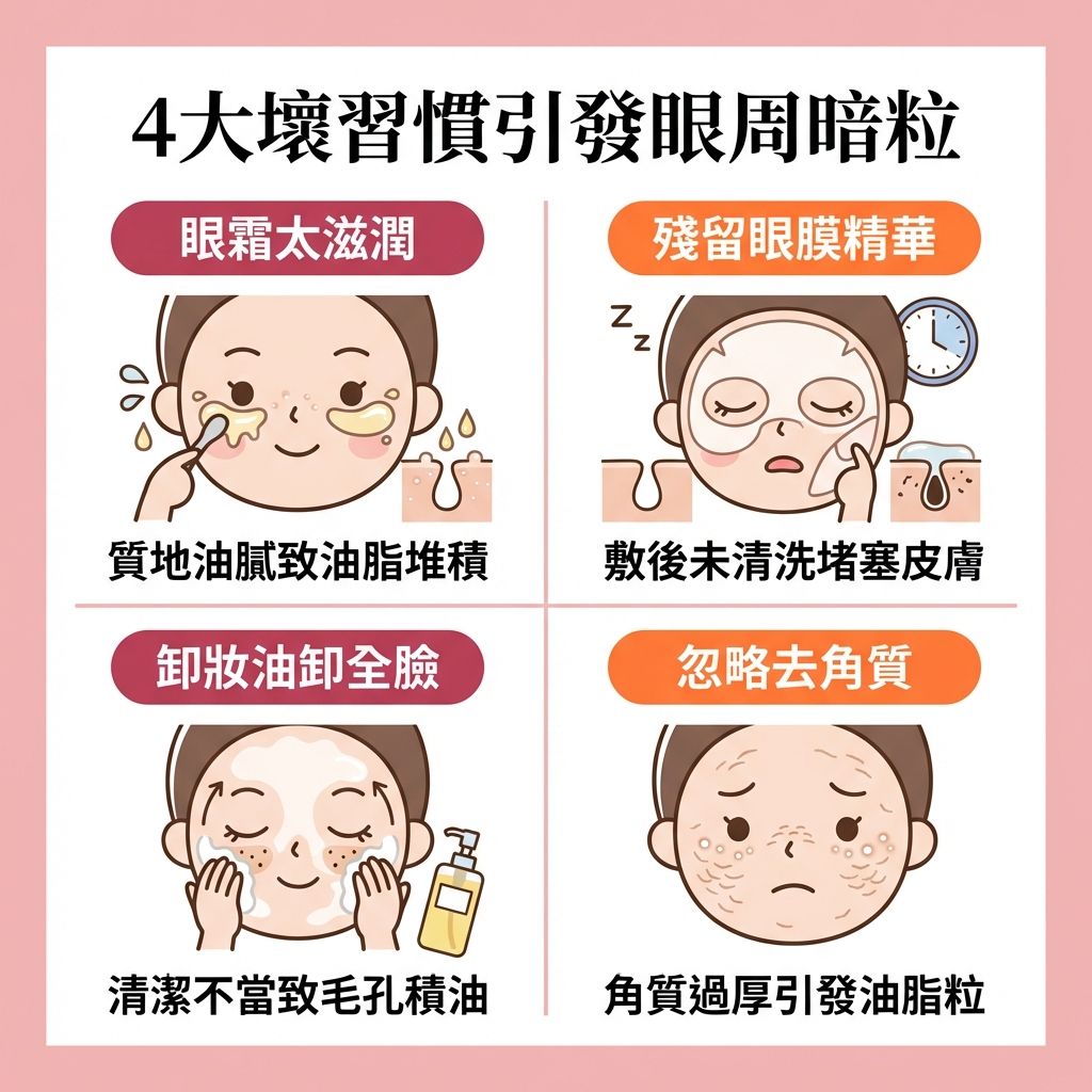 這是一張 1:1 正方形的扁平化向量資訊圖表,背景為純色柔和色調。設計採用彈性網格排版,由淺色直線整齊劃分為 2x2 的四個方格。整體風格帶有日系台系可愛卡通感,充滿具教育性醫美感。每個方格頂部是膠囊形小標題,中央配上手繪人物風格的可愛插圖,底部則是十字以內的無句號說明文字。
圖表主題是揭露導致【暗粒】的壞習慣。第一格插圖是一位塗抹厚重保養品的人物,指出眼霜太滋潤會無法【控制油脂分泌】,讓【油脂】在【皮脂腺】堆積。第二格是敷眼部【面膜】未洗淨的人物,殘留精華會阻礙【深層清潔皮膚】與【清潔面部油脂】。
第三格畫出使用卸妝油的人物,提醒【卸妝不徹底】或不當會令殘油堵塞【毛孔】,引發【白頭】、【黑頭】、【粉刺】及【暗瘡】,此時需【疏通毛孔堵塞】才能避免【細菌】與【痤瘡桿菌】滋生,並【減輕發炎紅腫】。
第四格是忽略去【角質】的人物。這會阻礙【去除老廢角質】與【促進新陳代謝】,導致膚質變差。為【改善膚質粗糙】、【改善閉口粉刺】及【溶解黑頭粉刺】,應定期【溫和去角質】。除了做好【防曬】與【補充肌膚水分】以達到【水油平衡】並【修復皮膚屏障】外,若受【荷爾蒙】影響或想進一步【舒緩皮膚敏感】、【收細毛孔】及【預防暗瘡復發】,可尋求【醫生】的【專業暗瘡治療】。透過【果酸】、【水楊酸】或【杏仁酸】進行【醫療級煥膚】,或搭配【激光】療程,能有效重拾健康亮麗的肌膚。
