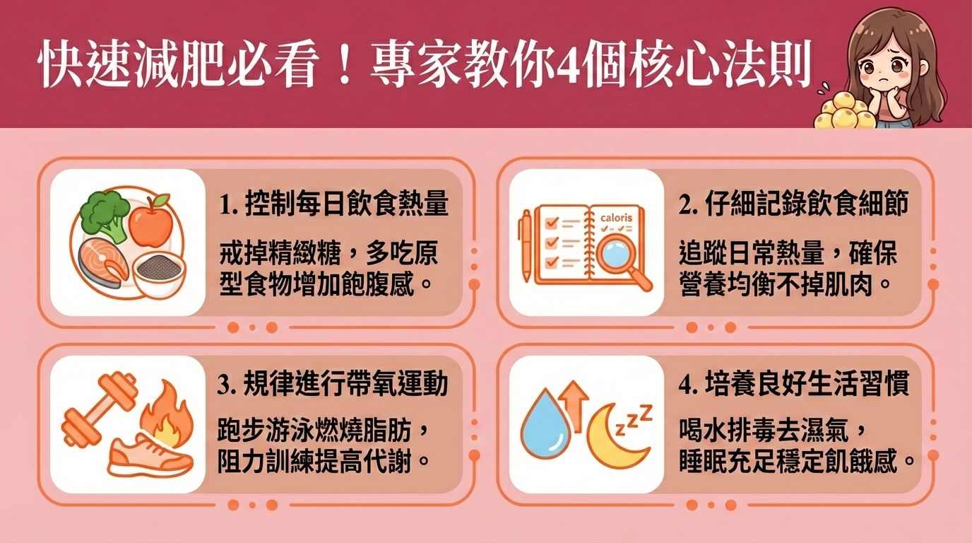 這是一張台灣健康部落格風格的醫美資訊圖表,教導大家如何快速減肥。圖中的長髮女生正為了雙下巴與手臂的拜拜肉感到苦惱,希望能消耗多餘熱量與減少脂肪積聚。專業營養師建議,首先要建立健康飲食,精準控制熱量攝取(計算卡路里),確保攝取足夠的蛋白質與膳食纖維,並減少精緻碳水化合物。
除了飲食,必須配合帶氧運動(如跑步等帶氧運動),這不僅能促進血液循環與改善水腫問題(消除水腫),更能燃燒體內脂肪與降低體脂率。同時加入阻力訓練以增加肌肉比例與預防肌肉流失(維持肌肉量),這有助於提升新陳代謝(促進新陳代謝)與提高基礎代謝率,從根本上改善易胖體質並突破減肥停滯期。
日常生活中要多喝水以利疏通淋巴排毒(促進淋巴系統與血液循環),並保持充足睡眠以穩定荷爾蒙。若想快速消除頑固脂肪(消滅頑固脂肪)與塑造緊緻線條,可考慮醫學美容的局部減脂療程。圖表下方特別推薦香港完美醫療的專屬瘦身方案,透過安全的無痛溶脂技術、醫美定位修形以及溶脂針療程,助您輕鬆重獲完美體態!