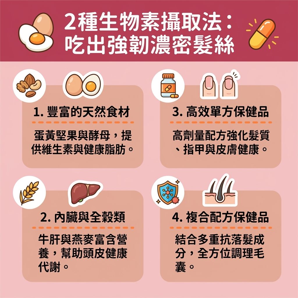 這是一張台灣健康部落格風格的 1:1 正方形資訊圖表,詳細圖解了生物素生髮功效與攝取指南。當面臨缺乏生物素脫髮、雄性禿或需要產後脫髮生物素調理時,我們必須重視生物素每日攝取量,這對於解決脫髮問題與改善頭髮稀疏至關重要。
圖表左側列出了富含生物素食物,如蛋黃、堅果與酵母。這些天然營養素富含蛋白質與氨基酸,能結合體內酵素,促進角蛋白合成(構成角蛋白),幫助新陳代謝並促進頭皮的血液循環。這能有效促進頭皮健康、平衡皮脂腺,並刺激毛囊生長,讓毛囊獲得充足養分,進而延長毛髮生長期,最終增加頭髮厚度並修復受損髮質。
圖表右側則提供優質的生物素保健品推薦與防脫髮維他命。適當補充這些保健品,不僅對指甲與皮膚有益,還能發揮極佳的強化髮根健康作用,幫助減少掉髮數量並預防異常掉髮。當然,日常也可搭配生物素洗頭水作為輔助。若擔心過量引起的生物素副作用,或持續面臨嚴重脫髮,建議尋求專業醫生的建議,安全有效地補充生物素,養出豐盈秀髮。