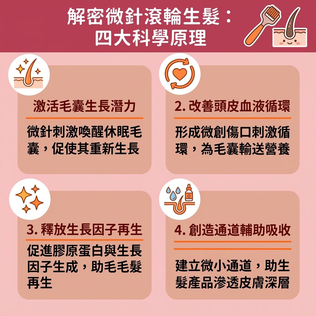 這是一張台灣健康部落格風格的 1:1 正方形扁平化資訊圖表,詳細解說微針滾輪用法及其在頭皮微針護理上的應用。圖表展示了微針與滾輪如何透過微創技術穿透角質層直達真皮層,不僅能刺激膠原蛋白增生(產生膠原蛋白)與加速新陳代謝,還能促進頭皮血液循環(改善血液循環),從而刺激毛囊生長與喚醒休止期毛囊。這對於治療雄性禿脫髮、對抗雄性禿與一般脫髮,甚至解決髮線後移及改善頭髮稀疏都有顯著的微針生髮效果。
圖中強調了增加生髮液吸收的重要性,指出配合生髮水、幹細胞、生長因子或配合外泌體生髮(使用外泌體)能大幅提升吸收率,進一步修復受損頭皮、延長毛髮生長期並強健毛囊與頭皮。為了確保安全並減少炎症與微針生髮痛楚,圖表提醒大眾在參考家用微針滾輪推薦及了解微針滾輪長度選擇時,必須注重微針滾輪清潔消毒(做好消毒工作)以避免微針生髮副作用。若有疑慮,建議尋求皮膚科醫生的專業意見,並進行微針生髮療程比較,以選出最適合自己的生髮方案。