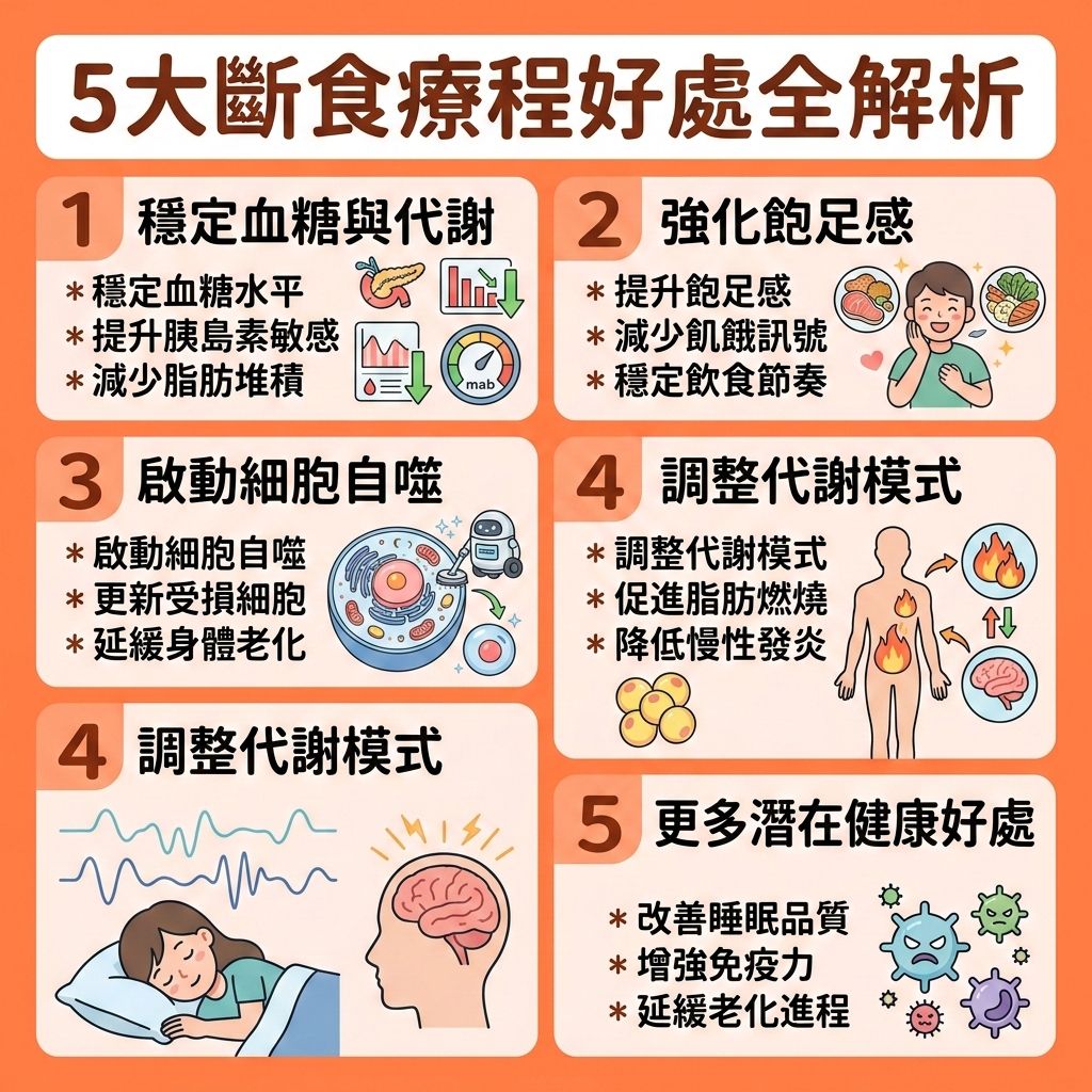 這是一張採用台灣健康部落格風格的 1:1 正方形資訊圖表,背景為柔和的淺粉紅色,排版整齊可愛。主題深入解析5大斷食療程的好處。不論是執行輕斷食還是間歇性斷食,都能有效幫助我們控制熱量攝取,減少多餘熱量與碳水化合物的囤積。透過調節飲食結構,多補充蛋白質與膳食纖維(或適時搭配含兒茶素與大豆異黃酮的健康飲品),能有效促進腸胃蠕動,幫助排毒清腸宿便。
圖表中詳細說明,斷食能穩定血糖並調節體內胰島素與瘦素分泌,同時刺激生長激素,進而有效提升基礎代謝與整體的基礎代謝率,加速新陳代謝。這不僅能延長燃脂時間,更能縮小脂肪細胞,減少皮下脂肪與內臟脂肪。這是一個極佳的減大肚腩方法,能有效消除腹部贅肉、改善中央肥胖,並幫助燃燒深層脂肪,是許多人突破減肥停滯期、降低體脂比例與體脂率的關鍵,助你輕鬆打造易瘦體質並預防脂肪積聚。同時,斷食也能改善睡眠質素,若配合專屬的減脂增肌飲食,更能塑造緊緻線條。
此外,若追求更精準的體態雕塑,醫學美容也是理想的輔助選擇。透過專業的局部減脂療程與無創減脂技術,結合精準的醫美定位修形,能更安全高效地達到理想的健康體態!