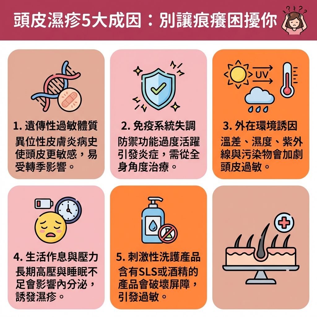 這是一張 1:1 正方形、可愛醫美風格的向量資訊圖表,主題為頭皮濕疹成因分析。圖表教導讀者如何解決頭皮痕癢與舒緩頭皮敏感。許多患者分不清濕疹與脂漏性皮炎,後者常與馬拉色菌及真菌滋生有關。當皮脂腺過度分泌皮脂,會導致解決頭皮出油困難,形成頭皮屑與紅疹,進而引發炎症。專業醫生進行皮膚專科治療時,可能會開立類固醇或抗生素,或建議搭配藥用洗頭水並遵循正確的藥用洗髮露用法。
圖表指出免疫系統失調與荷爾蒙波動是主因,環境濕度與生活壓力也會加劇症狀。為了改善頭皮發炎,正確的去頭皮屑方法包括使用含抑菌抗屑成分的產品以減少細菌滋生。日常應調整作息習慣並配合飲食清淡改善身體狀況。此外,透過頭皮深層清潔與頭皮去角質推薦方案清理老廢角質,能有效預防毛囊堵塞、避免毛囊受損及強化毛囊炎護理保養。這不僅能解決換季頭皮乾癢,更能改善血液循環、強化髮根健康、補充蛋白質並預防脫髮問題。