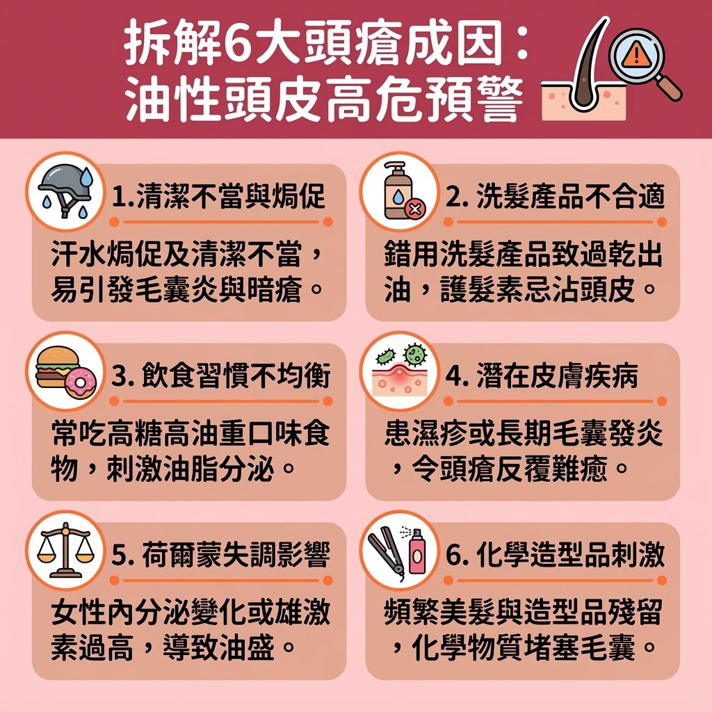 這是一張台灣健康部落格風格的 1:1 正方形資訊圖表,詳細解析了六大頭瘡成因。許多人面臨頭皮生粒粒解決方法的困擾,甚至覺得頭皮長暗瘡痛。圖表指出,頭皮的皮脂腺若分泌過多油脂(或皮脂),加上細菌、真菌及馬拉色菌滋生,極易引發毛囊炎與暗瘡。荷爾蒙變化(如雄激素過高導致的荷爾蒙失調頭皮生瘡)與壓力(引起壓力大頭皮生瘡)會削弱免疫系統。為改善頭皮出油與控制皮脂分泌,我們需注重正確洗頭步驟,慎選洗頭水與護髮素,避免破壞角質層。圖表建議定期進行深層清潔頭皮的頭皮清潔療程,或使用去角質洗髮露及毛囊炎洗頭水推介產品。為預防頭皮發炎及消除頭皮紅腫,應做好頭皮敏感護理,達到頭皮抗菌消炎及舒緩頭皮痕癢。若問題嚴重導致頭皮發炎脫髮或一般脫髮,在尋求中醫調理頭瘡、使用頭瘡膏推薦來治療頭皮暗瘡之外,務必盡早諮詢皮膚科醫生,保護脆弱的毛囊。