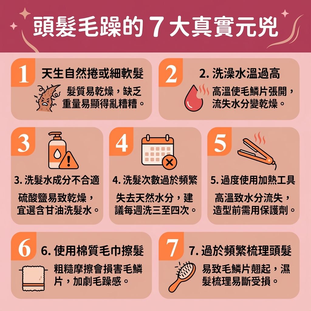 這是一張 1:1 正方形的可愛醫美資訊圖表,教導大家【日常頭髮護理】與【吹頭正確方法】。圖中解析導致頭髮毛躁的原因:不當使用【洗頭水】與【風筒】的【熱力】,或缺乏【隔離熱力傷害】,會破壞【髮絲】的【毛鱗片】與保護性的【角質層】,導致流失【水分】、【蛋白質】、【氨基酸】與【角蛋白】,更會受【紫外線】傷害與產生【靜電】。
為【撫平頭髮毛躁】與【改善頭髮乾燥】,應搭配【護髮素】、【髮膜】及【護髮油】進行【居家護髮療程】與【鎖水保濕護理】。將產品塗抹於【髮尾】能【深層滋潤頭髮】、【補充頭髮營養】,幫助【閉合毛鱗片】並【減少靜電摩擦】。
正確使用【梳子】梳理能【減少頭髮打結】與【防止頭髮斷裂】。若有【負離子】輔助,能進一步【修復受損髮絲】、【解決頭髮開叉】及【改善髮質粗糙】。只要維持健康的【頭皮】與【毛囊】,並做好【染燙後續保養】,便能【提升髮絲彈性】、【增加頭髮光澤】,