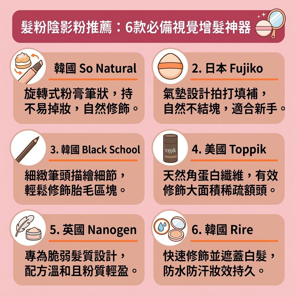 這是一張台灣健康部落格風格的 1:1 正方形資訊圖表,介紹了六款不容錯過的髮際線粉推薦。圖表詳細說明了各種陰影粉與化妝品的特色。許多人面臨脫髮、髮線後退或M字額的困擾,渴望找到拯救稀疏髮際線的方法。
透過正確的髮際線粉用法,利用粉撲將粉末塗抹於額頭邊緣,能有效修飾高額頭、改善寬額頭並隱藏髮線後移。這不僅能打造自然的髮際線陰影、修飾臉型輪廓,更可填補髮際線空隙與遮蓋頭皮,瞬間增加髮量視覺,是不錯的禿頭修飾妙招。選購時建議尋找自然髮色選擇以貼合原有髮色,並挑選防水防汗髮際線粉以抵抗汗水與油脂。
然而,頻繁使用這些產品必須徹底卸妝,留意正確的髮際線粉卸妝與頭皮深層清潔步驟,避免粉末殘留引發髮際線粉副作用,導致毛孔堵塞或堵塞毛囊,進而影響頭皮與髮根健康,甚至造成髮量進一步流失。若懷疑有毛囊受損問題,應諮詢皮膚科醫生。除了外用遮瑕,日常可搭配生髮水保養,或尋求專業的毛囊萎縮治療、生髮療程推薦,甚至考慮植髮手術,才能治標又治本。