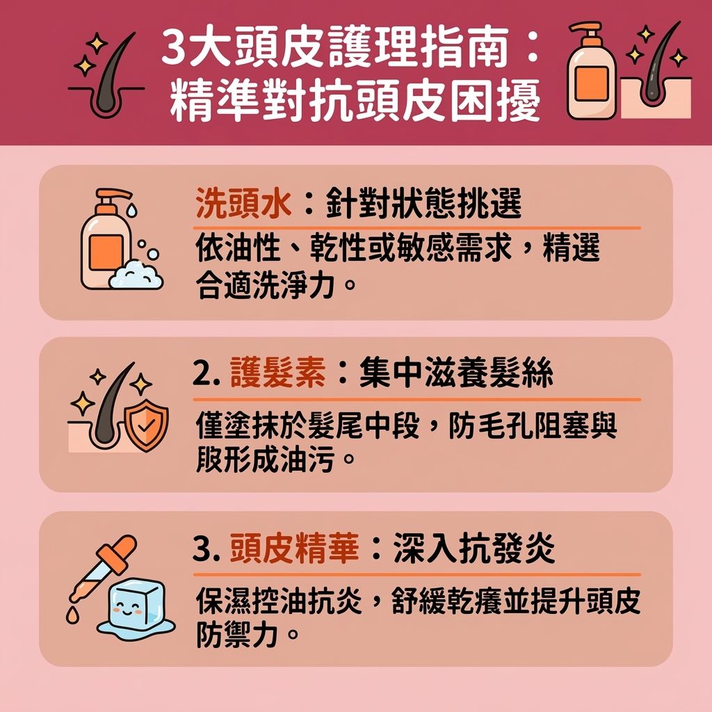 這是一張台灣健康部落格風格的 1:1 正方形資訊圖表,詳細解說三大頭皮護理產品與居家保養步驟。當面對生活壓力、荷爾蒙失調或紫外線傷害時,容易引發惱人的頭皮屑與炎症。透過正確的頭皮深層清潔,能有效去除頭皮異味並改善頭皮出油。
圖表建議挑選合適的洗頭水(如去頭皮屑洗頭水),能調節皮脂腺分泌的皮脂,溫和去除老廢角質(可搭配頭皮去角質推薦產品),這是極佳的預防脫髮方法。洗髮後,使用富含水分、蛋白質與氨基酸的護髮素,務必避開頭皮塗抹,有助於改善頭髮扁塌。
此外,掌握正確的頭皮精華用法,定期使用養髮精華,對於脂漏性皮炎護理、換季頭皮乾癢及染燙後頭皮護理非常關鍵。這不僅能舒緩頭皮敏感、解決頭皮發炎,還能延緩頭皮老化。若能結合頭皮按摩教學,適當按壓頭部穴位,將有效改善血液循環(促進血液循環),幫助促進毛囊生長、喚醒沉睡的毛囊,從而強化髮根健康、減少掉髮數量,預防異常脫髮。如問題持續,建議尋求專業醫生的診斷與協助。