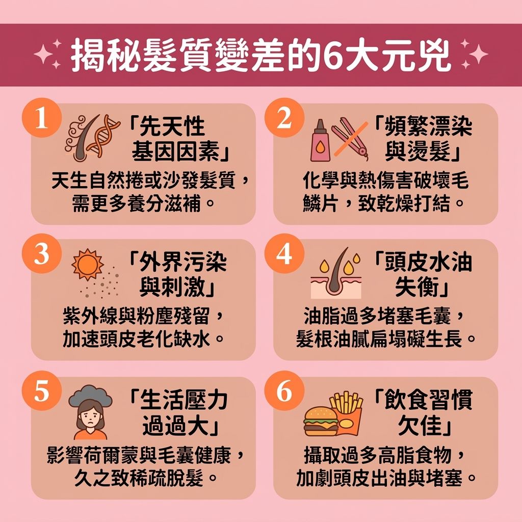這是一張 1:1 正方形的醫美資訊圖表,列出6大損害【髮質】的成因並提倡【正確洗頭方法】。圖中展示,壓力與飲食不當會刺激【頭皮】分泌過多【油脂】,堵塞【毛囊】引發【脫髮】。頻繁染燙與外界刺激則會破壞【髮絲】的【角質層】與【毛鱗片】,流失【水分】與【蛋白質】,加上梳理時的【摩擦】與【靜電】,更會加劇受損。
為【修復受損髮絲】與【改善細軟髮質】,圖表建議採用【顛倒洗頭順序】(即【先護髮後洗頭】)。首先將無【矽油】的【護髮素】或【護髮膜】塗抹於【髮尾】,能【深層滋潤髮尾】、【減少頭髮毛躁】並【防止頭髮打結】,同時【撫平頭髮毛鱗片】及【提升髮絲彈性】,做好【鎖水保濕護理】。接著使用【洗頭水】【溫和清潔頭皮】,能【避免護髮素殘留】(減少【殘留物】)以【減輕頭髮負擔】。
這套方法不僅能【控制頭皮出油】,有效【解決髮根扁塌】及【改善頭髮扁塌】,還能讓【髮根】與整體恢復清爽,大幅【增加頭髮蓬鬆度】與提升【蓬鬆度】。只要徹底【延長頭髮清爽】時間,就能順利【減少掉髮數量】,保護好每一個脆弱毛囊!