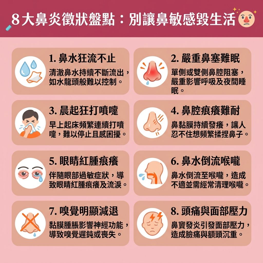 這是一張台灣健康部落格風格的 1:1 正方形扁平化資訊圖表,詳細解說八大常見的【鼻炎】與【鼻敏感】徵狀。當我們的【免疫系統】受到環境中的【致敏原】(如【灰塵】、【塵蟎】或【花粉】)刺激時,容易引發【慢性鼻炎成因】。患者常出現嚴重的【鼻塞】、狂流【鼻水】與頻繁【打噴嚏】,這些都是【鼻腔】與【鼻黏膜】發炎的表現。若不理會,可能惡化為嚴重的【鼻竇炎】。
為了達到【過敏性鼻炎改善】並【舒緩鼻敏感症狀】,我們需要尋找有效的【解決鼻塞方法】與【鼻竇炎治療】方案。日常護理可使用【洗鼻器】調配正確的【洗鼻鹽水比例】來【清潔鼻腔分泌物】與【沖洗致敏原】,這能【保持鼻腔濕潤】並【促進鼻黏膜修復】,從而【減輕鼻炎不適】及【預防上呼吸道感染】。
嚴重的鼻塞會導致【呼吸道】受阻,迫使患者張口呼吸,進一步引發嚴重的【鼻鼾】甚至【睡眠窒息症】。為了【改善用口呼吸】、【改善呼吸道阻塞】並解決【改善睡眠缺氧】問題,患者應盡早前往專業【診所】尋求【醫生】進行【耳鼻喉科】的【耳鼻喉科專科診斷】。醫生可能會處方【類固醇噴鼻劑】等藥物。積極治療不僅能【減少打呼嚕】與【降低鼻鼾頻率】,更能全面【提升睡眠質素】,讓你重拾健康順暢的呼吸。