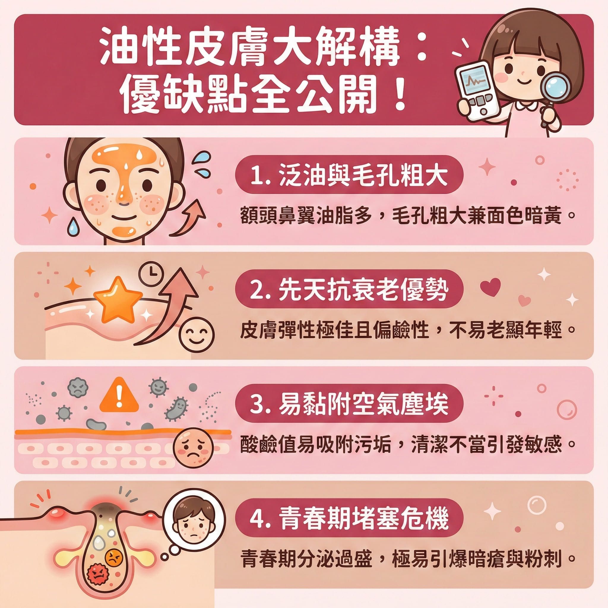 這是一張正方形的可愛扁平化醫美資訊圖表,深入剖析油性皮膚的特徵與護理。圖中展現受荷爾蒙影響,皮脂腺會分泌過多油脂,令角質層增厚並積聚死皮。若不徹底卸妝(如配合卸妝油)及使用潔面乳進行深層清潔,容易黏附塵埃變成敏感肌,甚至滋生痤瘡桿菌,引爆暗瘡、粉刺及黑頭。
圖表建議,為疏通毛孔與防止毛孔堵塞,應溫和去角質,可選用含水楊酸或果酸的爽膚水,甚至適量使用磨砂膏,但需避免過度清潔。這有助於溶解黑頭、減少皮脂分泌、抑制油脂分泌及促進新陳代謝,從而收細毛孔並維持水油平衡,達到清爽控油與鎖水保濕的效果。
若已經出現皮膚發炎,圖表提醒要注重消炎殺菌、預防發炎與舒緩紅腫,以改善粗糙膚質。為了有效淡化暗瘡印、達致長效預防復發,圖表強烈推薦完美醫療的專業暗瘡分手療程,從根本解決毛孔與油脂問題。
