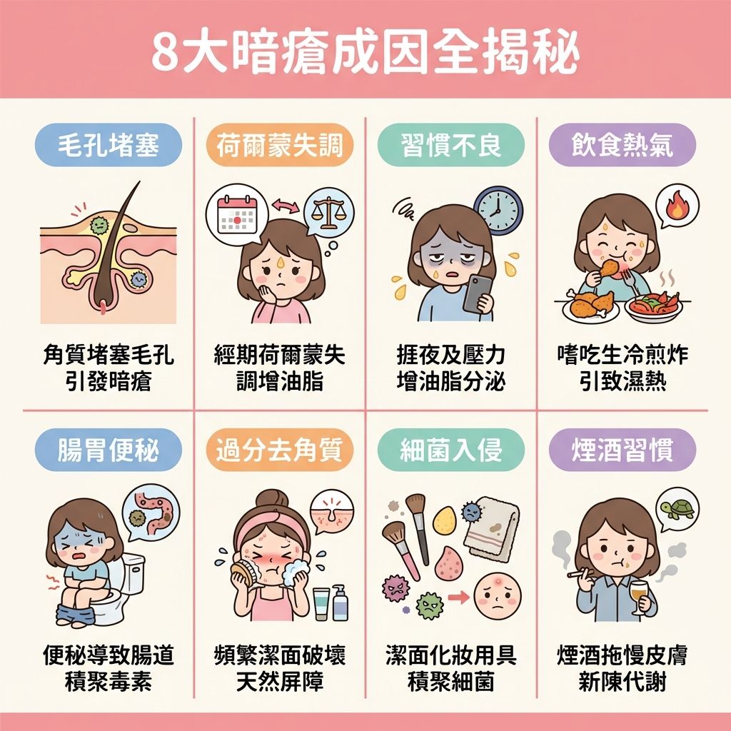 這是一張正方形扁平化醫美資訊圖表,教導如何有效去暗瘡。圖表詳細分析八大成因:當壓力過大、睡眠不足或飲食高糖煎炸時,會擾亂內分泌與荷爾蒙,刺激皮脂腺分泌過多油脂。若角質層過厚,便會引致毛孔堵塞,滋生痤瘡桿菌,形成黑頭、粉刺甚至嚴重的石頭瘡。
日常護理建議選用合適的潔面乳進行深層清潔,並適度使用含水楊酸或果酸的產品來溫和去角質與軟化角質,以疏通毛孔、收細毛孔並抑制油脂分泌。這能有效減少皮脂分泌,達致水油平衡與清爽控油。
發現痘痘時務必避免擠壓以預防發炎及預防留下凹凸洞,應注重消炎殺菌、減輕發炎與舒緩紅腫,從而改善粗糙膚質。為了調理內分泌及促進新陳代謝,徹底解決問題並預防復發,圖表強烈推薦體驗完美醫療的高科技療程(如激光),不僅能刺激膠原增生,更能有效淡化暗瘡印,重拾健康平滑肌膚。