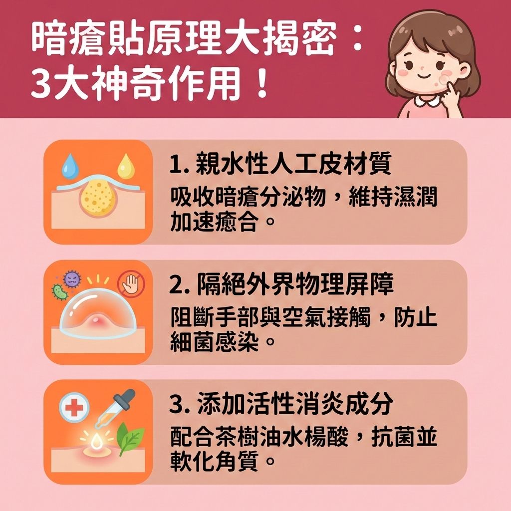 這是一張台灣健康部落格風格的醫美圖表,解說暗瘡貼的神奇功效。圖中女孩正為臉上的暗瘡、粉刺、發炎的膿包與深層的石頭瘡苦惱。暗瘡貼採用溫和無刺激性的人工皮與水膠體材質,能有效吸收暗瘡分泌物與吸附多餘油脂(吸附分泌物)。
貼上後能形成保護膜,不僅能隔離外界細菌、避免手部接觸,還能保護受損肌膚,有效預防二次感染並抑制細菌滋生(隔絕細菌)。它能為傷口提供良好環境以加速傷口癒合,大大減少暗瘡印形成與產生疤痕及暗瘡印的機率。
許多隱形透薄防水的款式非常適合妝前使用,能避免化妝品刺激,同時阻擋紫外線照射(阻絕紫外線)。此外,市面上有許多添加水楊酸、茶樹油與積雪草的產品(如熱門的微針暗瘡貼推薦款),能軟化角質疏通毛孔、促進暗瘡代謝,達到褪紅消炎鎮靜與舒緩紅腫發炎的效果,並幫助淡化色素沉澱。
若痘痘問題嚴重,建議尋求專業皮膚科醫生協助。圖表下方特別推薦香港醫學美容權威完美醫療的皇牌「暗瘡分手療程」,助您徹底告別痘痘肌!