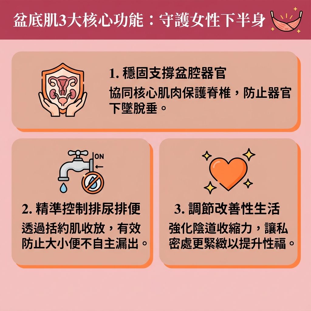 這是一張1:1正方形的台灣健康部落格風格資訊圖表,詳細解說【盆骨底肌肉】(簡稱盆底肌)的3大核心功能及【泌尿系統健康】保養。圖解指出,隨著【更年期】到來引發的【荷爾蒙】與【雌激素】下降,或【產後婦女】面臨的【產後陰道鬆弛】與【膠原蛋白】流失,都會導致盆底肌及【核心肌肉】無力。這不僅無法支撐【盆腔器官】(如【子宮】、【膀胱】、【直腸】、【尿道】與【陰道】),還會影響【括約肌】功能。
若忽視保養,極易引發【尿頻】、【尿滲】及【尿失禁】,造成【打噴嚏漏尿】、【大笑漏尿】與【夜尿頻繁】等窘境。為【預防子宮下垂】並【提升盆腔承托力】,圖表建議可透過【凱格爾運動】來【收緊盆骨底肌】與【增強膀胱控制】。這能有效作為【改善尿頻方法】與解決【改善滴尿問題】的基礎。
對於尋求【產後漏尿解決】及【改善尿滲問題】的女性,圖表亦推薦一項【無創修復療程】——【幸福椅】。這項【非入侵性治療】利用【電磁波】(即【高強度聚焦電磁波】)技術,深入【刺激肌肉收縮】,快速【修復盆底肌】與【強化括約肌】。它是極佳的【治療尿失禁】方案,助你徹底告別漏尿煩惱。