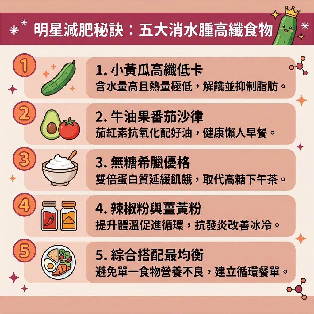 這是一張 1:1 正方形的扁平化向量資訊圖表插畫,嚴格採用台灣健康部落格懶人包風格。圖表以可愛、具教育性與醫美感的方式解析「明星減肥秘訣:五大消水腫高纖食物」,底部保持純淨無字並無縫應用背景色。
圖表教導如何透過改善飲食習慣來建立一份完美的健康減重餐單與減脂增肌飲食。透過攝取富含膳食纖維、維他命與礦物質的蔬菜,以及蛋白質(如雞胸肉與希臘優格),能有效延長飽足時間並增加飽足感。若以燕麥等抗性澱粉來取代精緻澱粉,這種優質的碳水化合物能幫助穩定血糖水平,控制血糖與胰島素。
健康飲食能控制熱量攝取,減少攝入多餘的卡路里。高纖食物能促進腸胃蠕動,達到排毒清腸宿便的作用。同時,加入薑黃等香料能改善水腫,有效消除下肢水腫。正確的飲食搭配能提升基礎代謝與整體的基礎代謝率,加速新陳代謝,精準燃燒深層脂肪,消滅內臟脂肪、皮下脂肪與多餘脂肪。這能減少脂肪囤積,大幅降低體脂比例與體脂率,助您順利突破減肥停滯期,預防體重反彈,輕鬆打造易瘦體質。
若追求更完美的曲線,圖表側邊的醫美專區建議可結合醫學美容的無創減脂技術與局部減脂療程。透過先進的溶脂科技進行醫美定位修形,全方位雕塑您的健康自信美!