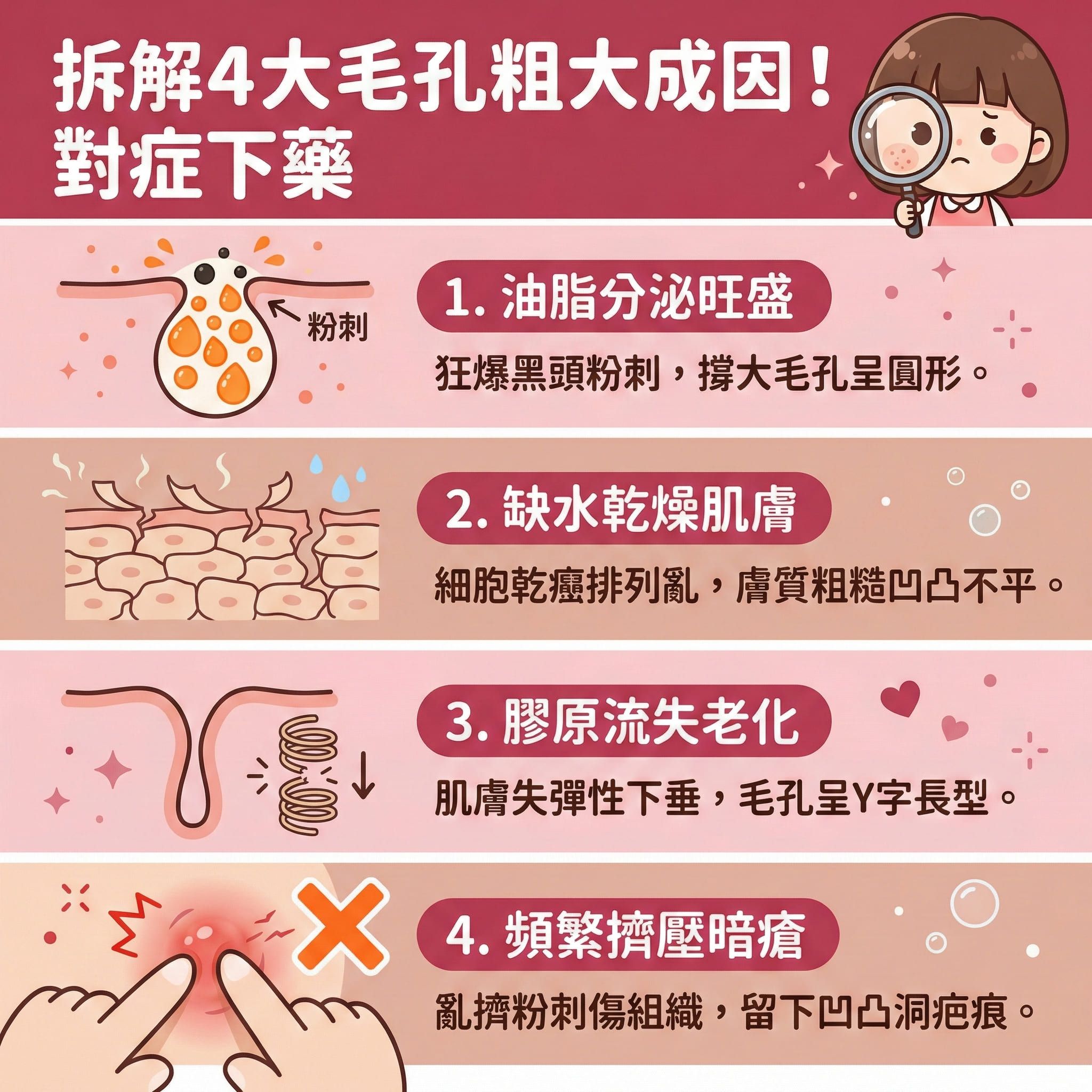 這是一張正方形的可愛扁平化醫美資訊圖表,詳細分析四大毛孔粗大的成因與對策。圖表第一部分指出皮脂腺過度活躍會分泌大量油脂,若角質層過厚會形成黑頭與粉刺。建議使用含水楊酸或果酸的潔面乳與爽膚水進行深層清潔與溫和去角質,以溶解黑頭、減少皮脂分泌、抑制油脂分泌,達致水油平衡與清爽控油,從而疏通毛孔及防止毛孔堵塞。
第二部分說明肌膚缺水問題,需注重鎖水保濕,補充透明質酸來修復皮膚屏障與改善粗糙膚質。第三部分描繪老化現象,隨著膠原蛋白與彈性纖維流失,需適時使用視黃醇及做好日常防曬,有助於延緩皮膚衰老、提升肌膚彈性與緊緻肌膚。第四部分警告亂擠暗瘡會損害組織。
為全面預防毛孔粗大及收細毛孔,圖表推薦結合高科技如激光與射頻療程。特別推介完美醫療的暗瘡分手療程,能促進新陳代謝、刺激膠原增生、有效淡化暗瘡印,從根源解決所有肌膚煩惱。