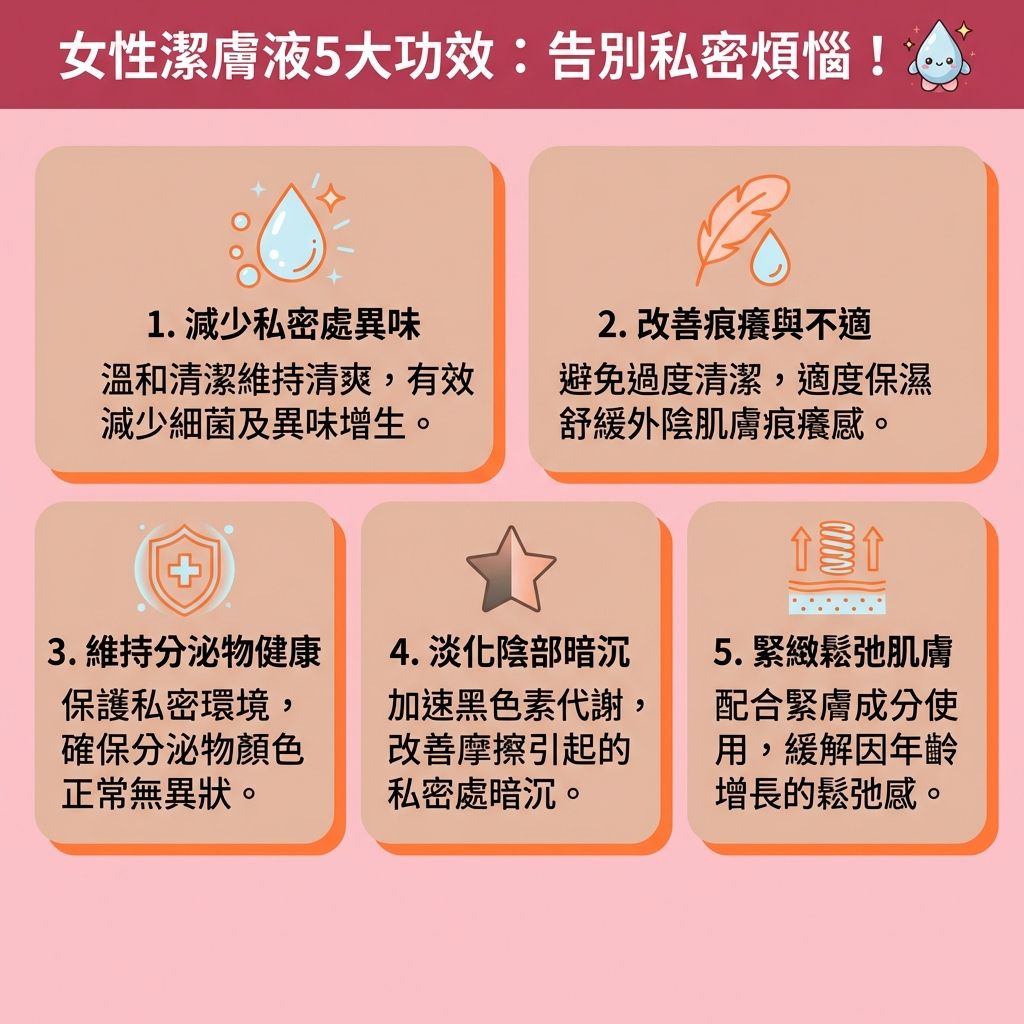 這是一張1:1正方形的台灣健康部落格風格資訊圖表,詳細教授正確的【私密處清潔方法】及【經期護理方法】。圖表說明女性私密處【微生態】極易受【經血】、【荷爾蒙】與【雌激素】變化影響。若習慣使用一般【沐浴露】或頻繁使用【護墊】及不透氣的【內褲】,極容易【破壞天然保護層】,改變正常的【酸鹼度】。
這會導致天然【乳酸桿菌】及【益生菌】減少,令【陰道】、【尿道】與【陰唇】的【黏膜】受損,甚至引發【陰道炎】或【盆腔炎】。當不慎感染【念珠菌】或【滴蟲】時,會出現嚴重的【陰道痕癢痛楚】與【陰部紅腫發炎】,並伴隨異常【白帶】及【分泌物】(例如【豆腐渣分泌物】或【魚腥味分泌物】),這都是典型的【念珠菌感染症狀】。
為【預防陰道感染】,日常應【減少使用護墊】並【穿著透氣內褲】。選擇合適的【女性衛生用品】與專屬【抗菌潔膚液】,能有效【消除私密處異味】、【舒緩外陰痕癢】及【改善陰道乾澀】。正確的護理能【維持私密處酸鹼值】並做好【私密處保濕】。除了日常衛生與【增強身體免疫力】外,現代醫美更提倡【無創私密處保養】的概念,幫助女性全方位守護私密健康。