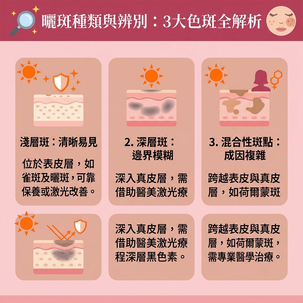這是一張1:1正方形扁平化的台灣健康部落格風格資訊圖表,詳細解說【曬斑成因】與不同深淺的【色斑】種類。當皮膚受【紫外線】侵襲,【表皮層】與【真皮層】的【黑色素細胞】會活躍,令【黑色素】在深層及【角質層】堆積,形成淺層的【曬斑】、【雀斑】與初期【老人斑】,或演變成複雜的混合性【荷爾蒙斑】。
為了【預防黑色素沉澱】與【預防色斑形成】,日常必須採取正確的【物理防曬方法】,使用含【二氧化鈦】與【氧化鋅】的【物理防曬】產品,或配合【化學防曬】成分的【防曬霜】來【阻截黑色素】、【抵禦光老化】及【防止肌膚老化】。同時,搭配抗氧化【護膚品】來【抵抗自由基】與【促進新陳代謝】。
若想【解決色素沉澱】、【去除色斑】並【淡化曬斑】,以【改善暗沉肌膚】與【改善膚色不均】,可以尋求專業的【去斑療程推薦】。市面上先進的【激光】與【皮秒激光】等醫美科技,能精準【擊碎深層黑色素】,帶來極佳的【激光去斑效果】。這不僅能達到【美白去斑】與【提亮膚色】的功效,還能【刺激膠原增生】(喚醒肌底【膠原蛋白】),讓你重拾無瑕美肌。