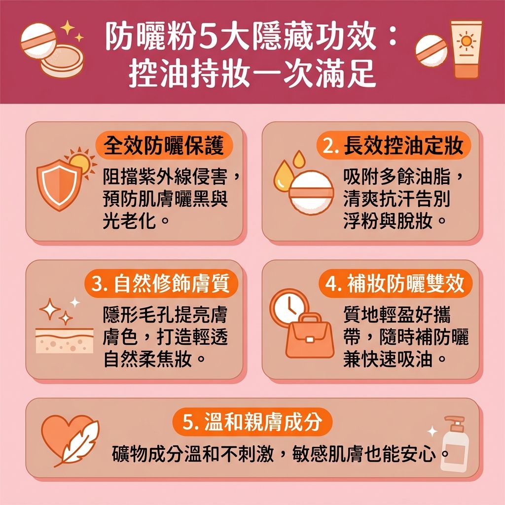 這是一張台灣健康部落格風格的 1:1 資訊圖表,詳細解說優質【化妝品】與【護膚品】中的【防曬粉】(或稱防曬【碎粉】)功效。日常護理中,單靠塗抹【防曬霜】未必足夠,尋找正確的【補防曬方法】與優良的【防曬粉推薦】至關重要。防曬粉多採用【氧化鋅】與【二氧化鈦】等天然【物理防曬成分】(屬於【物理防曬】,性質有別於【化學防曬】),能有效【阻隔紫外線】與【紫外線】的直接侵害,發揮【日常防曬】與【抵禦光老化】的作用,從而【防止肌膚老化】,保護底層【細胞】健康。
它能有效【預防黑色素沉澱】,避免【黑色素】在【角質層】過度積聚,進而【預防色斑形成】,是對抗【色斑】、【太陽斑】與【雀斑】的好幫手。對於【皮脂腺】分泌旺盛的肌膚,防曬粉能【吸附多餘油脂】,達到極佳的【控油定妝】與【減少溶妝】效果,且【不阻塞毛孔】,能視覺隱形【毛孔】並【均勻膚色】。
這種【輕薄透氣】的粉末質地特別適合帶出門作【補妝防曬】,能隨時【提升防曬力】與保持【清爽防曬】感,即使是尋求【敏感肌防曬】的人也能安心使用。最後提醒,回家後務必使用溫和的【卸妝水】進行徹底的【卸妝清潔】。若有嚴重的色素問題,建議前往專業醫美【診所】尋求醫生協助。