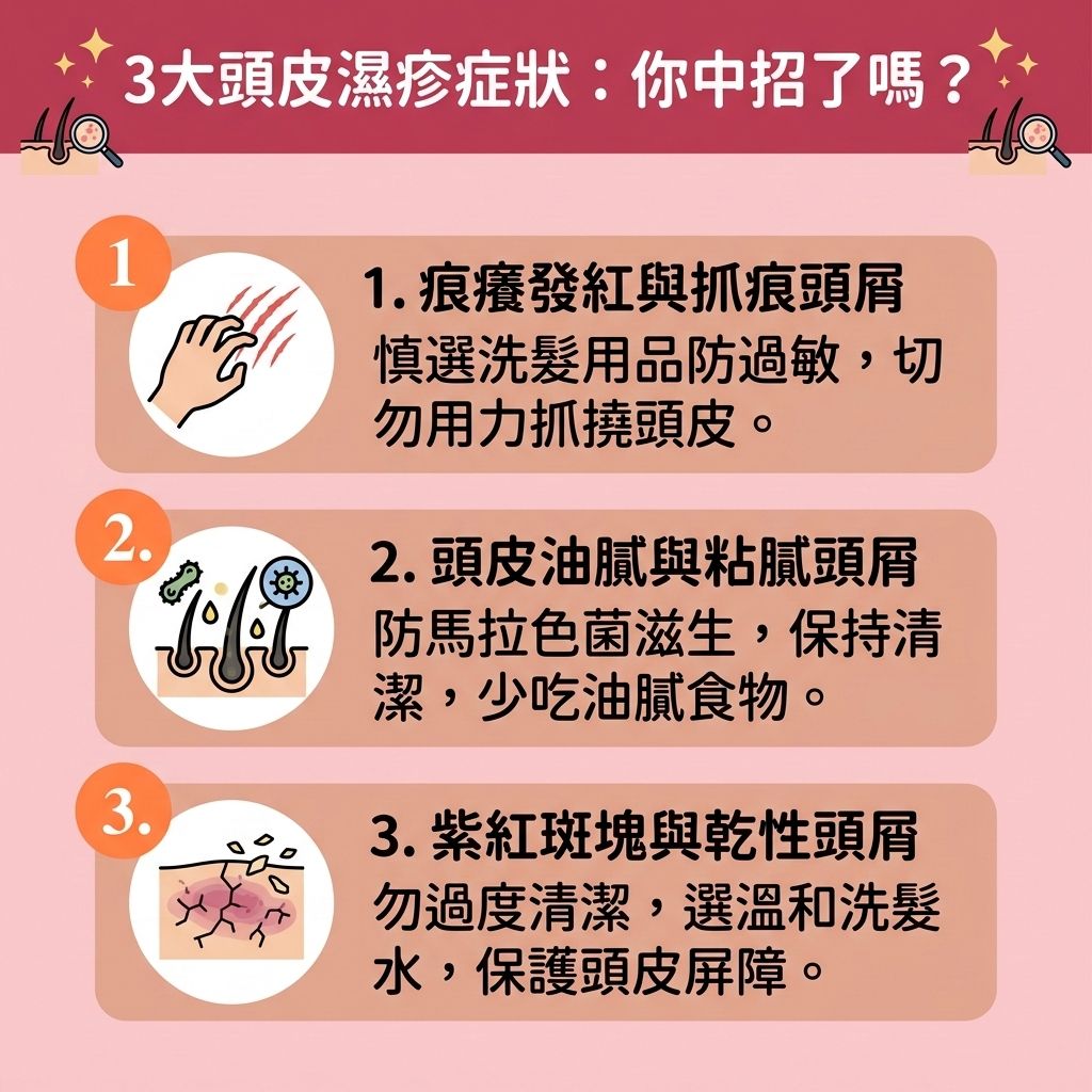 這是一張 1:1 正方形的扁平化向量資訊圖表插畫,以台灣健康部落格風格設計,詳細圖解【頭皮濕疹】的三大症狀與對策。圖表說明當【免疫系統】失調或【荷爾蒙】變化時,【皮脂腺】的【頭皮油脂分泌】會異常,導致【頭皮】的【角質層】受損。這極易引發【馬拉色菌】過度繁殖,造成【脂溢性皮炎】、【毛囊炎】及惱人的【頭皮屑】。若不及時【抑制真菌感染】與【解決毛孔堵塞】,將引發嚴重的【頭皮敏感痕癢】。
圖中建議透過【溫和清潔頭皮】與【頭皮深層清潔】等【日常頭皮護理】來【舒緩頭皮紅腫】,並配合【血液循環】按摩來【改善頭皮環境】及【減少頭皮屑】。若發炎嚴重,可能需要醫生開立【類固醇】、【抗生素】或【外用消炎藥物】。
圖表也警告,長期發炎會損害【毛囊】,加上體內【雙氫睪酮】影響,可能誘發【雄性禿】與異常【脫髮】,這正是常見的【髮線後移成因】。為了落實【預防脫髮方法】並進行有效的【脂溢性脫髮治療】,必須【強健脆弱髮根】以【改善頭頂稀疏】。針對已受損的【髮線】與【毛囊】,除了尋求【專業生髮療程】來【刺激毛囊再生】外,也可考慮【植髮】手術來【解決地中海脫髮】。若不想動手術,則可利用【醫療紋髮技術】或【紋髮】來視覺上增髮。