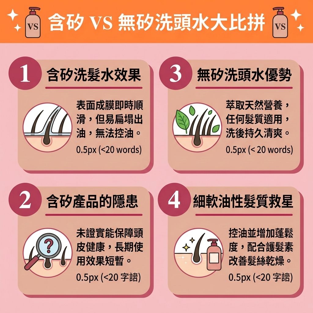 這是一張 1:1 正方形的可愛扁平化向量醫美資訊圖表,教導大眾如何進行日常頭皮護理與挑選防脫髮洗頭水。圖表詳細比較了無矽洗頭水與一般含矽靈產品的差異。若使用含矽洗頭水,雖然能短暫撫平毛鱗片,但長期下來容易堵塞毛孔、影響皮脂腺與角質層,甚至會引起頭皮敏感。不良的殘留物會妨礙深層清潔頭皮與清潔頭皮污垢,導致無法解決頭皮痕癢、減少頭皮屑與舒緩頭皮發炎。
作為有效的預防脫髮方法,我們建議在選擇防脫髮產品時優先考慮無矽配方。它能溫和清潔頭皮並改善頭皮環境,為頭皮、毛囊與頭髮補充天然蛋白質與氨基酸。無矽產品能有效增加頭髮蓬鬆度,配合護髮素則能修復受損髮絲。
對於受荷爾蒙或雙氫睪酮影響而產生雄性禿及脫髮危機的人士,無矽產品不會造成額外負擔。日常若搭配生髮水,加上良好血液循環來促進頭皮血液循環,能幫助強健脆弱髮根。這不僅有助於改善頭髮稀疏,更能刺激毛囊再生,讓髮根從休止期重返生長期,進一步延長生長週期,守護頭皮健康!