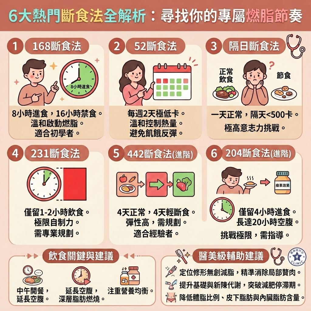 這是一張採用台灣健康部落格風格的 1:1 正方形資訊圖表,背景為柔和的淺粉紅色,排版整齊可愛。主題深入解析5大斷食療程的好處。不論是執行輕斷食還是間歇性斷食,都能有效幫助我們控制熱量攝取,減少多餘熱量與碳水化合物的囤積。透過調節飲食結構,多補充蛋白質與膳食纖維(或適時搭配含兒茶素與大豆異黃酮的健康飲品),能有效促進腸胃蠕動,幫助排毒清腸宿便。
圖表中詳細說明,斷食能穩定血糖並調節體內胰島素與瘦素分泌,同時刺激生長激素,進而有效提升基礎代謝與整體的基礎代謝率,加速新陳代謝。這不僅能延長燃脂時間,更能縮小脂肪細胞,減少皮下脂肪與內臟脂肪。這是一個極佳的減大肚腩方法,能有效消除腹部贅肉、改善中央肥胖,並幫助燃燒深層脂肪,是許多人突破減肥停滯期、降低體脂比例與體脂率的關鍵,助你輕鬆打造易瘦體質並預防脂肪積聚。同時,斷食也能改善睡眠質素,若配合專屬的減脂增肌飲食,更能塑造緊緻線條。
此外,若追求更精準的體態雕塑,醫學美容也是理想的輔助選擇。透過專業的局部減脂療程與無創減脂技術,結合精準的醫美定位修形,能更安全高效地達到理想的健康體態!