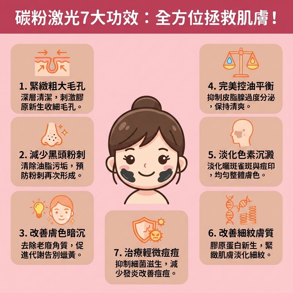 這是一張台灣健康部落格風格的正方形醫美資訊圖表,介紹醫學美容界極受歡迎的碳粉激光7大強大功效。圖中可愛女孩正享受將納米碳粉塗抹於臉上的過程。當激光能量介入時,能吸附深層污垢並溶解堆積油脂,達到深層清潔毛孔與疏通堵塞毛孔的極佳效果。這對於皮脂腺分泌過盛的人來說,能有效控制油脂分泌,進而減少黑頭粉刺(包含頑固的黑頭與粉刺)。
該療程能溫和地去除老廢角質(剝落過厚的角質層),幫助加速細胞代謝,同時能擊碎底層黑色素,改善黑色素沉澱引起的色斑與雀斑,進而提亮暗沉膚色與均勻整體膚色。熱能還能刺激膠原增生,促使膠原蛋白重組,達到修復受損組織、改善粗糙膚質與緊緻粗大毛孔(收縮毛孔)的作用。
針對輕微暗瘡,它能舒緩紅腫發炎並預防暗瘡形成。療程後建議敷上保濕面膜並塗抹合適的護膚品與做好防曬,以增強皮膚屏障並保護脆弱的皮膚屏障。圖表下方特別推薦香港完美醫療的皇牌激光去印療程與「暗瘡分手療程」,助您輕鬆重獲無瑕亮白肌!