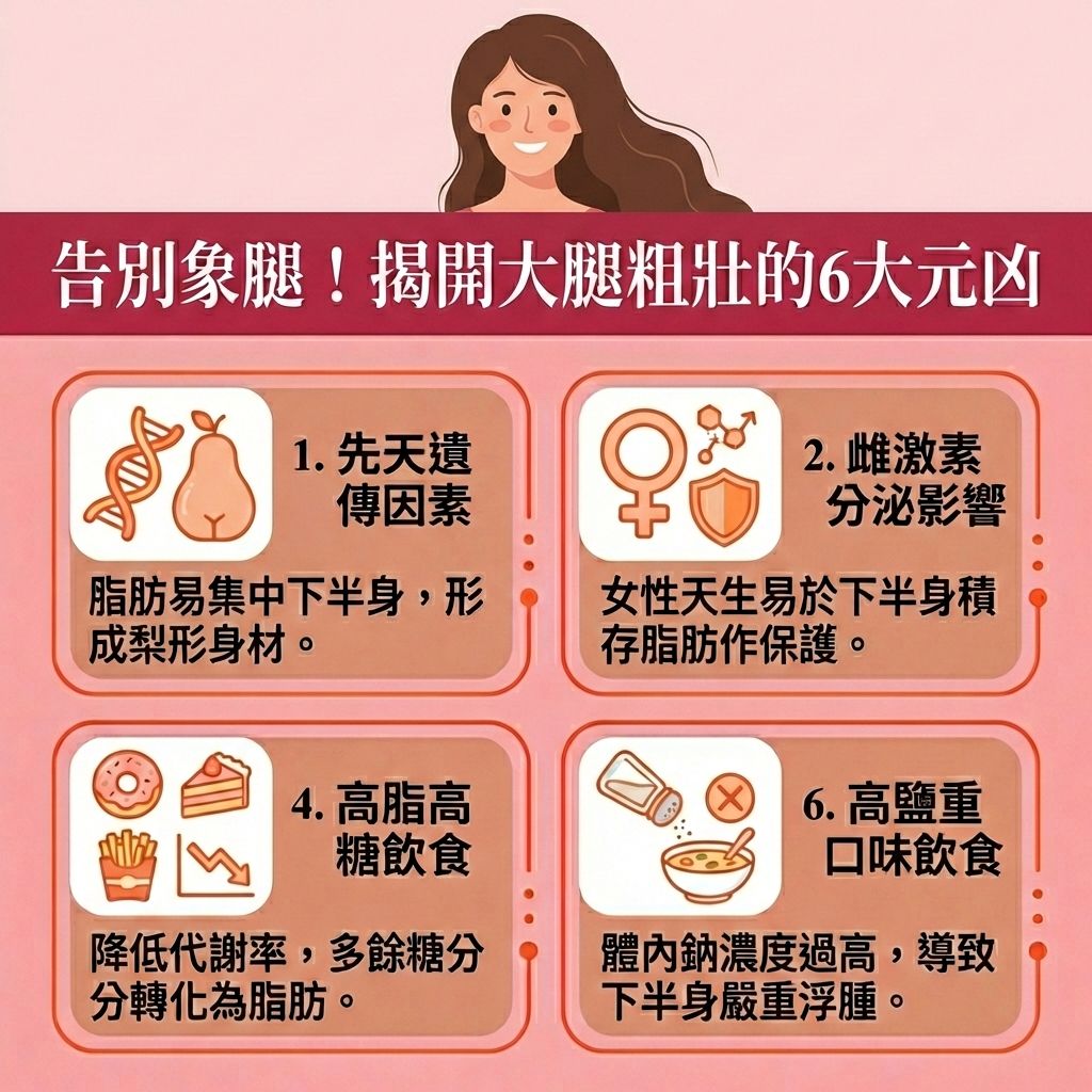 這是一張台灣健康部落格風格的 1:1 醫美資訊圖表。圖中的長髮女生正苦惱如何減大腿內側脂肪與消除大腿外側贅肉。下半身肥胖常與荷爾蒙、骨盆位置(需糾正骨盆前傾)有關,容易形成橘皮組織。久坐會影響淋巴與血液循環,導致大腿與小腿出現嚴重水腫。為改善下半身水腫與舒緩腿部疲勞,必須促進血液循環與疏通淋巴排毒。
飲食上需控制熱量攝取,精算卡路里,多補充蛋白質與膳食纖維,減少過量碳水化合物,以減少脂肪積聚並改善梨形身材。運動方面,可透過深蹲等伸展運動來鍛鍊下肢肌肉,增加肌肉量並提升基礎代謝。日常亦要配合帶氧運動(維持規律的帶氧運動),有效燃燒腿部脂肪與消滅頑固脂肪,達到收緊大腿線條與塑造修長美腿的目標。
若想快速見效,可考慮醫學美容的局部減脂療程。香港完美醫療提供專業的醫美定位修形,採用頂尖的無痛溶脂技術與專業溶脂方案,助您輕鬆擊退下半身贅肉!