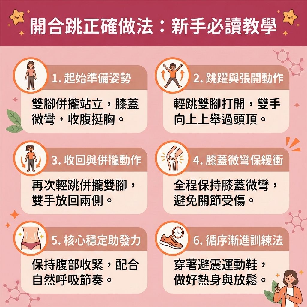 這是一張台灣健康部落格風格的1:1正方形資訊圖表,詳細示範了開合跳這項高效的全身消脂運動。對於處於減肥停滯期的人來說,要突破減肥停滯期,除了控制熱量攝取與減少碳水攝取(精準控制碳水化合物),並補充優質蛋白質以配合間歇性斷食外,加入適當的運動至關重要。開合跳結合了有氧運動與無氧運動的特點,能瞬間提升心跳率,大量消耗卡路里,幫助燃燒深層脂肪與消除頑固脂肪。
圖表中強調正確動作能有效鍛鍊核心肌群(強化核心肌群),不僅能改善心肺功能與改善新陳代謝,更有助於增加肌肉量(提升肌肉量),從而提升基礎代謝與整體的基礎代謝率,為您打造易瘦體質。無論是進行高強度間歇訓練或是搭配空中瑜伽,都有助於減少皮下脂肪與內臟脂肪,進而降低體脂比例(降低體脂率),有效預防脂肪積聚。
如果您在努力運動後,仍希望徹底破壞深層脂肪細胞以塑造緊緻線條,可以考慮醫學美容的輔助。香港完美醫療提供專業的專屬瘦身方案與局部減脂療程。透過先進的無創減脂技術與溶脂科技進行精準的醫美定位修形,能安全有效地為您雕塑完美體態!