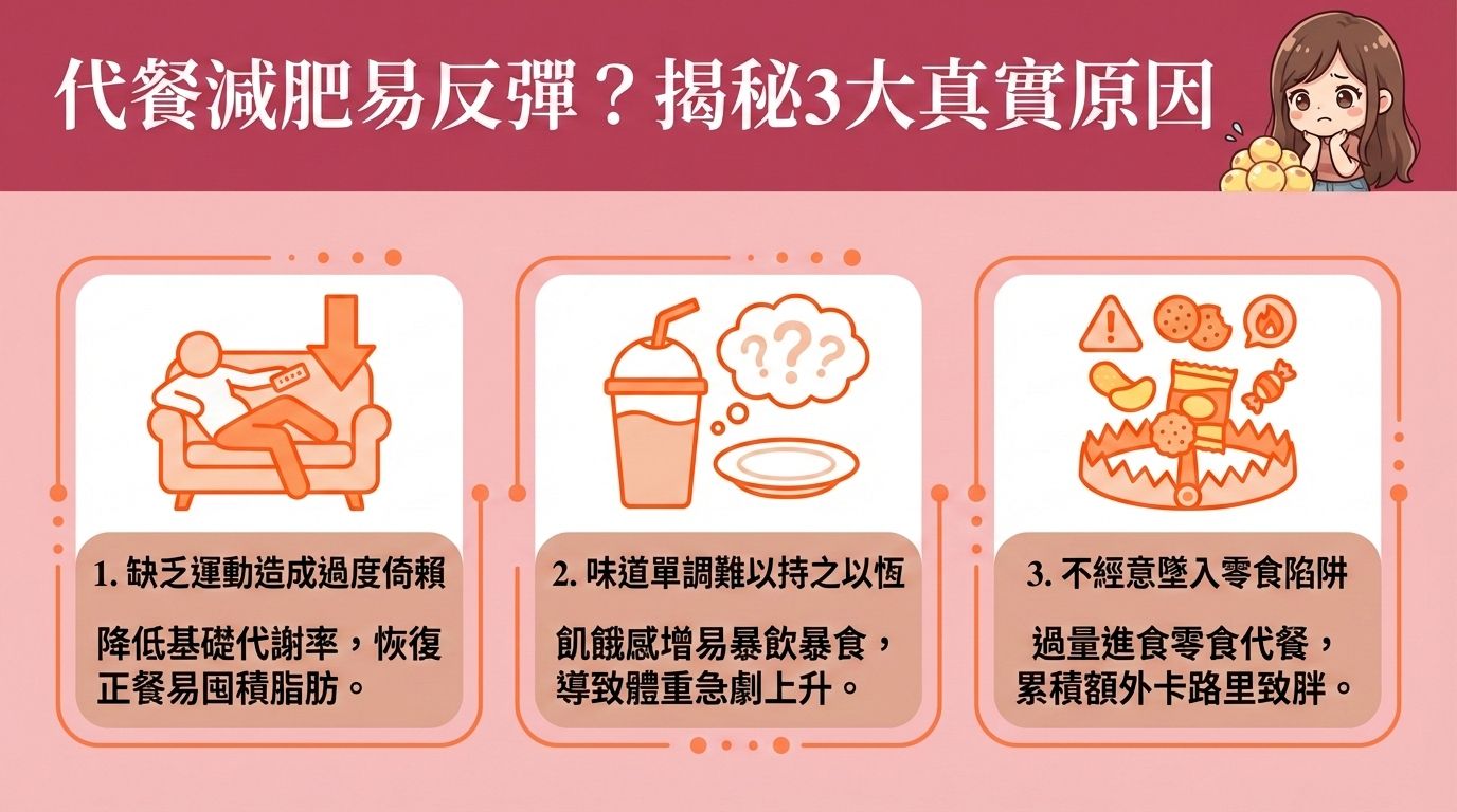 這是一張台灣健康部落格風格的醫美資訊圖表,解說為何依賴代餐(如奶昔)容易反彈。圖中長髮女生正苦惱於脂肪囤積。許多人以代餐替代日常正餐來控制熱量攝取(精算卡路里)與降低糖分吸收。雖然優質代餐能提供蛋白質、膳食纖維、維他命、礦物質及適量碳水化合物,以補充全面營養並延長飽足感(增加飽腹感),但若缺乏帶氧運動,會導致肌肉量下降,無法提升基礎代謝與新陳代謝,甚至降低基礎代謝率。
專業營養師建議,要燃燒體內脂肪並改善易胖體質,必須建立均衡健康飲食並配合帶氧運動來消耗多餘熱量。這不僅能促進腸道蠕動、穩定血糖,更能預防肌肉流失與增加肌肉比例。透過持續追蹤減重進度,監控體重指數與體脂率,才能有效減少脂肪積聚並突破減肥停滯期。若想針對性地消除頑固脂肪,可考慮醫學美容的局部減脂療程。香港完美醫療提供專業的醫美定位修形,助您健康瘦身不反彈!