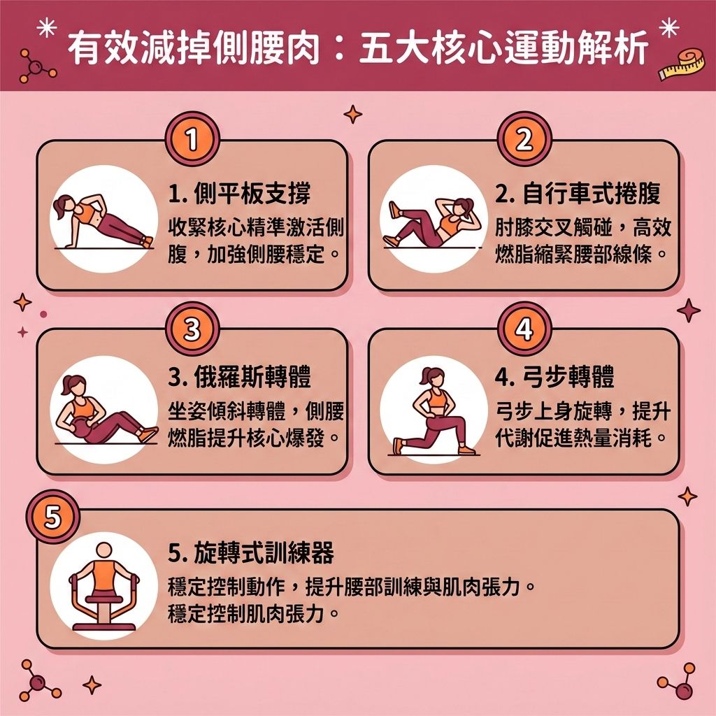 這是一張 1:1 正方形的扁平化向量資訊圖表插畫,嚴格採用台灣健康部落格懶人包風格。圖表以可愛、具教育性與醫美感的方式解析「有效減掉側腰肉:五大核心運動解析」,底部保持純淨無字並應用背景色。
圖表不僅傳授消除call機肉方法,更深入探討下半身肥胖成因。對於因久坐缺乏運動導致的脂肪細胞堆積,特別是大腿外側與腰側頑固的皮下脂肪,透過這五組核心訓練能有效減少脂肪囤積。搭配規律的有氧運動與伸展運動,有助於矯正骨盆前傾,讓骨盆回到正確位置,進而改善假胯寬問題並有效減大腿外側贅肉。運動過程能促進全身血液循環與改善血液循環,帶動淋巴系統以促進淋巴排毒,是解決水腫並改善下肢水腫的絕佳途徑。
女性易受雌激素影響而囤積脂肪,配合控制熱量攝取創造熱量赤字,並消耗卡路里,能有效提升基礎代謝與整體的基礎代謝率。增加核心肌肉量有助於突破減肥停滯期,擊退頑固脂肪並燃燒深層脂肪。對於極難消除的部位,圖表建議結合醫學美容的無創減脂技術與局部減脂療程。透過專業的溶脂、先進的微波溶脂與射頻科技,進行精準的醫美定位修形,能完美緊緻大腿皮膚,提拉臀部並提升臀部線條,最終為您塑造腿部線條,全方位雕塑完美體態!