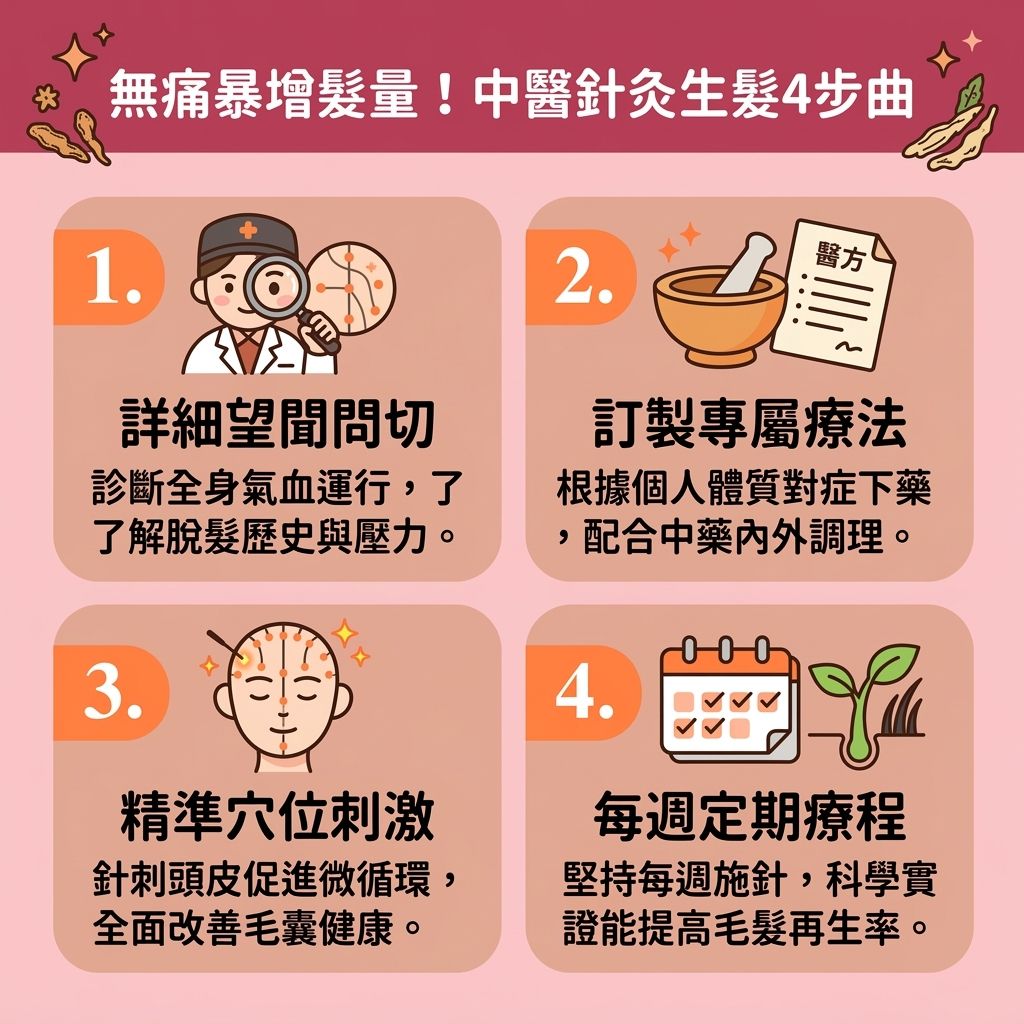 這是一張 1:1 扁平化醫美資訊圖表,教導大家如何透過【中醫調理脫髮】來【解決異常掉髮】。圖中指出,【腎虛】、【脾胃】不佳或【肝血】不足會導致【氣血】不順,此時需要【改善氣血不足】。這不僅會引起【內分泌】失調(需及時【調整內分泌失調】)與【荷爾蒙】問題,更會影響【新陳代謝】。缺乏【營養】會讓【頭皮】的【經絡】受阻,進而引發【脫髮】、【雄性禿】甚至【斑禿】。
專業【中醫】會透過【針灸】或【梅花針】來【治療局部斑禿】與【預防遺傳性脫髮】。藉由【按摩頭部穴位】及精準刺激【穴位】,能有效【疏通頭皮經絡】並【改善頭皮微循環】。這不僅能【促進血液循環】與維持良好的【血液循環】,更能【舒緩精神壓力】與【提升睡眠質素】。
透過療程能【改善頭皮環境】、【延緩毛囊萎縮】,並【激活休眠毛囊】。當深層【毛囊】與【髮根】獲得滋潤(【滋養脆弱髮根】、【修復受損髮絲】),便能【刺激毛囊生長】、【強健頭髮生長】。最終不僅能有效【增加頭髮密度】,還能讓你重拾健康豐盈的秀髮!