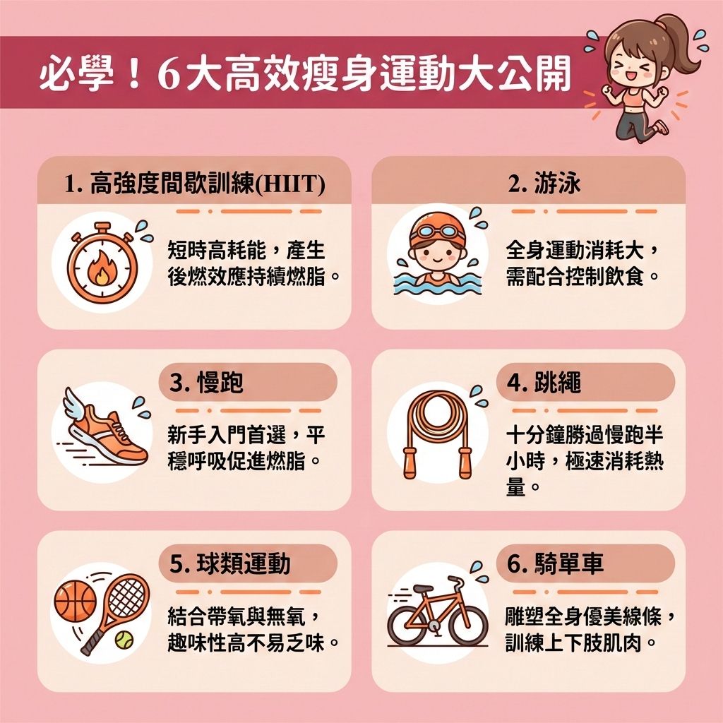 這是一張台灣健康部落格風格的醫美資訊圖表,介紹6大健康體重管理運動。圖中女孩正開心地進行帶氧運動,致力於燃燒體內脂肪與降低體脂率。規律運動能提升基礎代謝與整體新陳代謝(提高基礎代謝率),並改善血液循環(促進血液循環)。
選擇游泳或單車能減輕關節負擔並保護關節,同時糾正不良姿勢。跳繩與HIIT能有效鍛鍊核心肌群與肌肉,幫助增加肌肉質量並預防肌肉流失。運動後若產生炎症,可尋求物理治療以舒緩肌肉痠痛。
除了配合帶氧運動,專業營養師建議必須控制熱量攝取,精算卡路里。透過制定專屬餐單,確保攝取足夠蛋白質與膳食纖維,減少精緻碳水化合物,亦可適度搭配優質代餐以延長飽足感。這不僅能減少脂肪積聚,建立均衡健康飲食,更能改善易胖體質並幫助你突破減肥停滯期,有效控制體重指數。
若想進一步消除頑固脂肪(消滅多餘脂肪),可考慮醫學美容的局部減脂療程。圖表下方特別推薦香港完美醫療的醫美定位修形方案,助您安全、高效地打造完美體態!