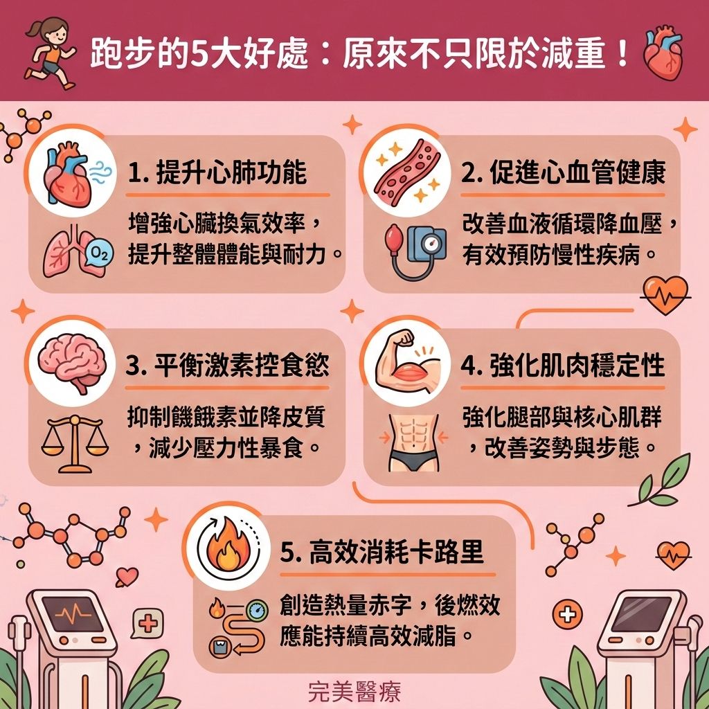 這是一張台灣健康部落格風格的正方形資訊圖表,主題是探討跑步的五大好處與慢跑減肥效果。作為一項絕佳的有氧運動,它可以瞬間提升心跳率,大量消耗卡路里並燃燒脂肪。若配合適當的無氧運動,能有效增加肌肉,進而提升基礎代謝與整體的基礎代謝率,加速新代謝(促進新陳代謝)。
想要降低體脂比例(降低體脂率)與減大肚腩,除了運動,更要控制熱量攝取。我們要破解空腹跑步迷思,注意運動後進食的選擇,採取增肌減脂飲食,攝取足夠的蛋白質與優質碳水化合物。日常可搭配飲用含兒茶素減脂功效的綠茶,或食用富含膳食纖維的秋葵來促進腸胃蠕動。若再配合間歇性斷食,更能預防脂肪積聚,有效減少厚實的皮下脂肪與內臟脂肪,消滅頑固大肚腩。
對於處於瓶頸期的人,這些好習慣能助您突破減肥停滯期,打造易瘦體質。若想進一步消除頑固脂肪與塑造緊緻線條,可以考慮醫學美容的幫助。香港完美醫療提供專業的局部減脂療程與專屬瘦身方案。透過先進的無創減脂技術進行精準的醫美定位修形,能安全高效地擊退深層脂肪,讓您重拾自信體態!