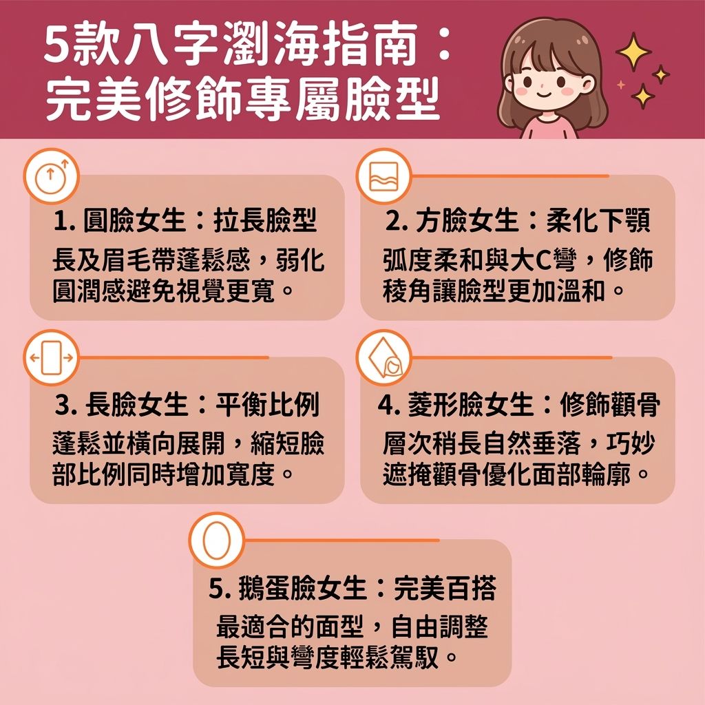 這是一張台灣健康部落格風格的 1:1 正方形資訊圖表,主題是顯瘦減齡瀏海推薦與慵懶風髮型推薦,教你了解八字瀏海適合臉型。無論你是圓臉、方臉還是長臉,選對髮型都能修飾輪廓。例如圓臉顯瘦八字瀏海能拉長視覺,而透過自然弧度與層次,能作為最佳的修飾高顴骨髮型與修飾咀嚼肌髮型,完美柔和顴骨與下巴,甚至能隱藏寬額頭瀏海,遮蔽寬大額頭與高髮際線。
圖中也收錄了韓系八字瀏海圖鑑,並解答八字瀏海法式瀏海分別。針對日常打理,我們提供八字瀏海整理技巧與八字瀏海剪法教學(包含八字瀏海自己剪的秘訣)。你可以學會如何處理難搞的八字瀏海過渡期整理,利用捲髮器或直髮夾整理瀏海,配合捲髮器整理瀏海的技巧,順著髮絲到髮尾打造完美造型。
為了增加髮根蓬鬆度(撐起髮根與增加視覺髮量),建議使用定型噴霧掌握八字瀏海定型方法。不管你是喜歡八字瀏海長髮造型還是八字瀏海短髮搭配,甚至是追求去專業髮廊體驗燙髮的八字瀏海燙髮效果,這些造型秘訣都能讓你輕鬆駕馭完美瀏海。