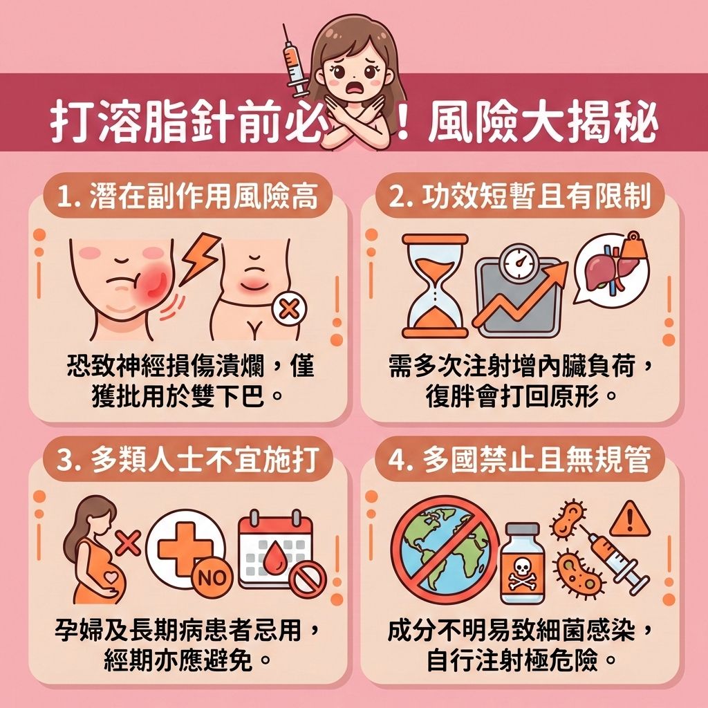 這是一張台灣健康部落格風格的正方形醫美圖表,警告大家注射溶脂針的潛在風險。圖中女孩正苦惱於雙下巴、手臂拜拜肉、大大的肚腩以及大腿的橙皮紋。許多人以為注射含去氧膽酸與卵磷脂的針劑是完美的無創減肥方法,能破壞脂肪細胞,使脂肪細胞破裂後由巨噬細胞吞噬,並透過淋巴系統與新陳代謝,隨尿液排出體外,從而促進脂肪代謝與消除頑固脂肪。
雖然它標榜能針對難減部位進行醫美定位修形與局部減脂療程,且恢復期短暫,看似能替代傳統抽脂(抽脂手術),但其實缺乏規管且風險極高。想要安全地改善身體線條、提升身體輪廓與緊緻鬆弛皮膚,必須尋求專業註冊醫生的意見。
正確的專屬瘦身方案應關注自身的體重指數與基礎代謝率,透過減少熱量攝取來減少脂肪積聚。日常應配合帶氧運動(多做帶氧運動),這有助疏通淋巴排毒與改善水腫問題。若考慮醫學美容,應選擇正規機構如香港完美醫療,採用安全的激光溶脂或溶脂修形技術,不僅能安全有效減脂,還能刺激膠原增生,