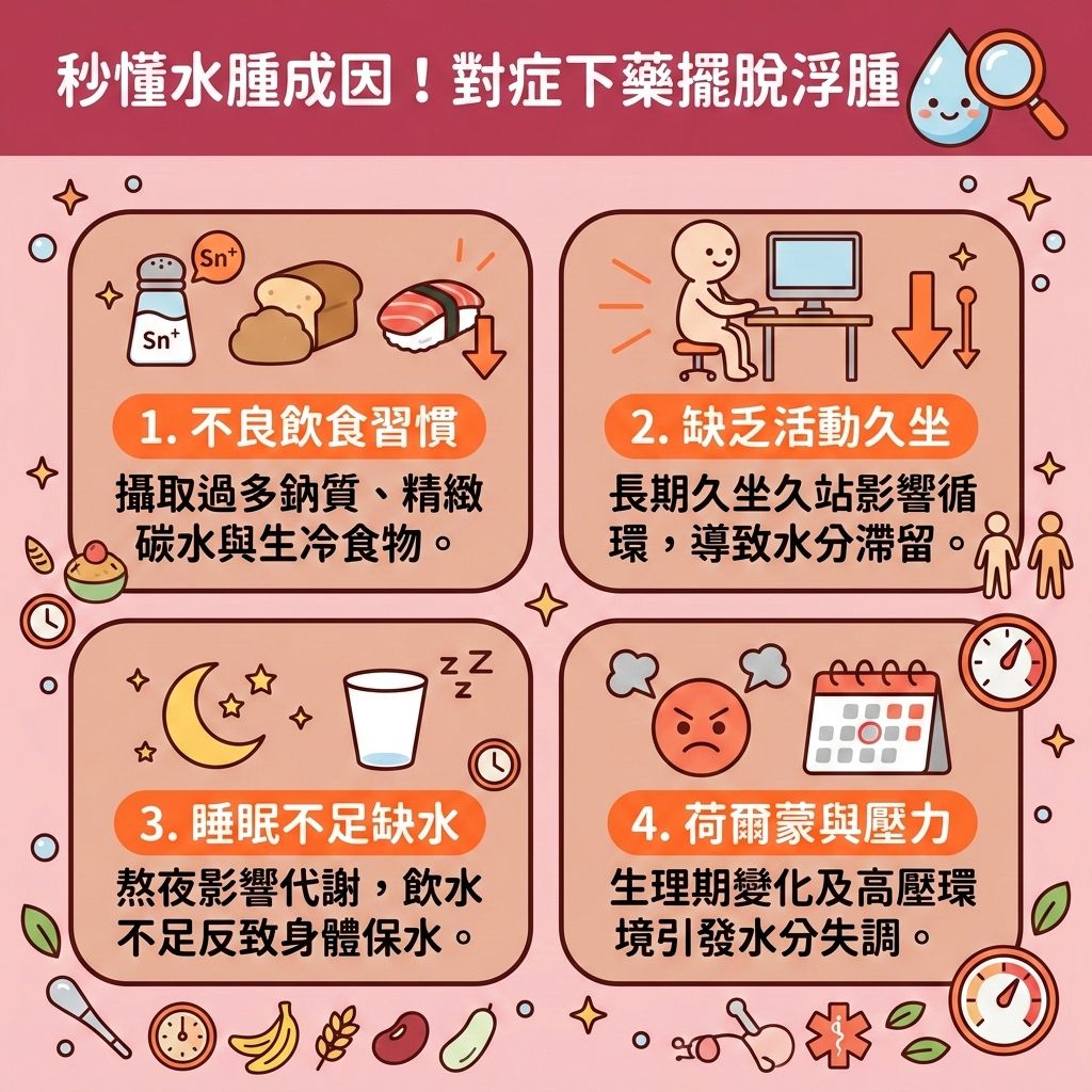 這是一張台灣健康部落格風格的 1:1 正方形教育性醫美資訊圖表,教你秒懂成因與消除水腫方法。圖中指出不良飲食會導致水分滯留,並提供排水腫食物推薦,例如富含膳食纖維與鉀質的高鉀食物名單:香蕉、冬瓜,以及能去除濕氣的薏米和紅豆。配合去濕湯水食譜,能有效減少鈉質攝取,平衡體內鈉質,是絕佳的快速消腫秘訣。
圖中也建議飲用咖啡或綠茶來排走體內毒素。針對久坐造成的早上臉部浮腫或孕婦去水腫需求,應改善血液循環,加強血液循環與淋巴系統運作,促進淋巴排毒。這不僅能提升新陳代謝與整體的新陳代謝,更有助於舒緩經期水腫及改善下半身水腫。
若你想徹底解決水腫型肥胖,除了飲食,還需控制體重與脂肪,以預防脂肪積聚。如果水腫伴隨肥胖問題,想進一步改善中央肥胖,可以考慮專業醫學美容的協助。香港完美醫療提供度身訂造的專屬瘦身方案與無創減脂療程,透過先進的溶脂科技進行精準的醫美定位修形,幫助您輕鬆排毒並打造健康完美體態!