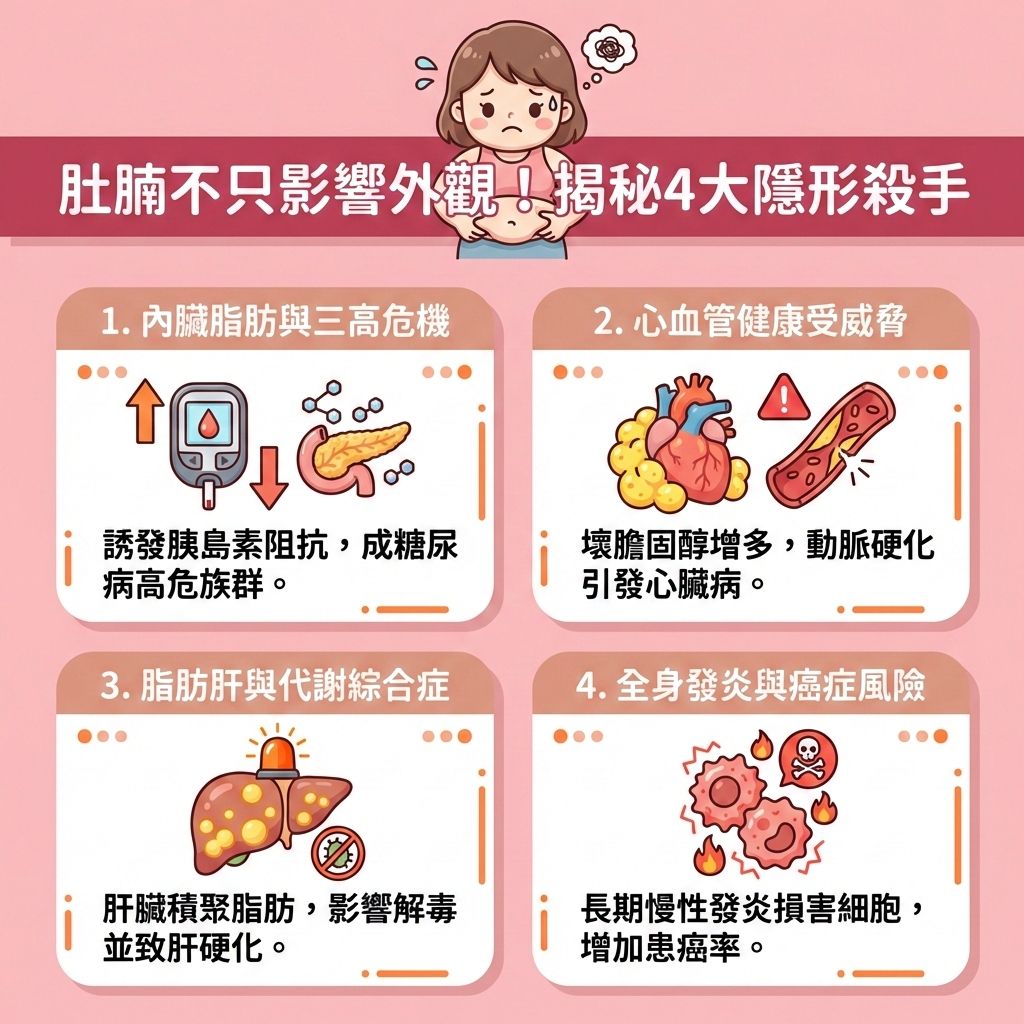 這是一張台灣健康部落格風格的醫美資訊圖表,詳細描述肚腩帶來的隱形健康危機。圖中可愛女孩正為腹部的皮下脂肪與厚實的內臟脂肪苦惱。當日常卡路里攝取過多,會嚴重干擾荷爾蒙與胰島素分泌,此時必須降低胰島素阻抗與減少糖分吸收。
為了有效消除中央肥胖與燃燒內臟脂肪,我們需要專業營養師協助建立健康飲食,精準控制熱量攝取,並多補充蛋白質與膳食纖維,以促進腸道蠕動及改善便秘問題。日常生活中應配合帶氧運動(如規律的帶氧運動)來消耗多餘熱量、提升新陳代謝與促進新陳代謝。
同時,透過鍛鍊核心肌群(強化核心肌群與腹肌)能有效增加肌肉比例,提升基礎代謝率,進而改善整體的體脂率與體重指數。若想快速減去腹部脂肪與打造緊緻腹部,可考慮醫學美容的局部減脂療程。不論是溶脂針、抽脂手術還是無痛溶脂技術,都能提供精準的醫美定位修形,助你突破減重停滯期。圖表下方特別推薦香港完美醫療的專屬瘦身方案,教您如何安全找回健康平滑的腹部!