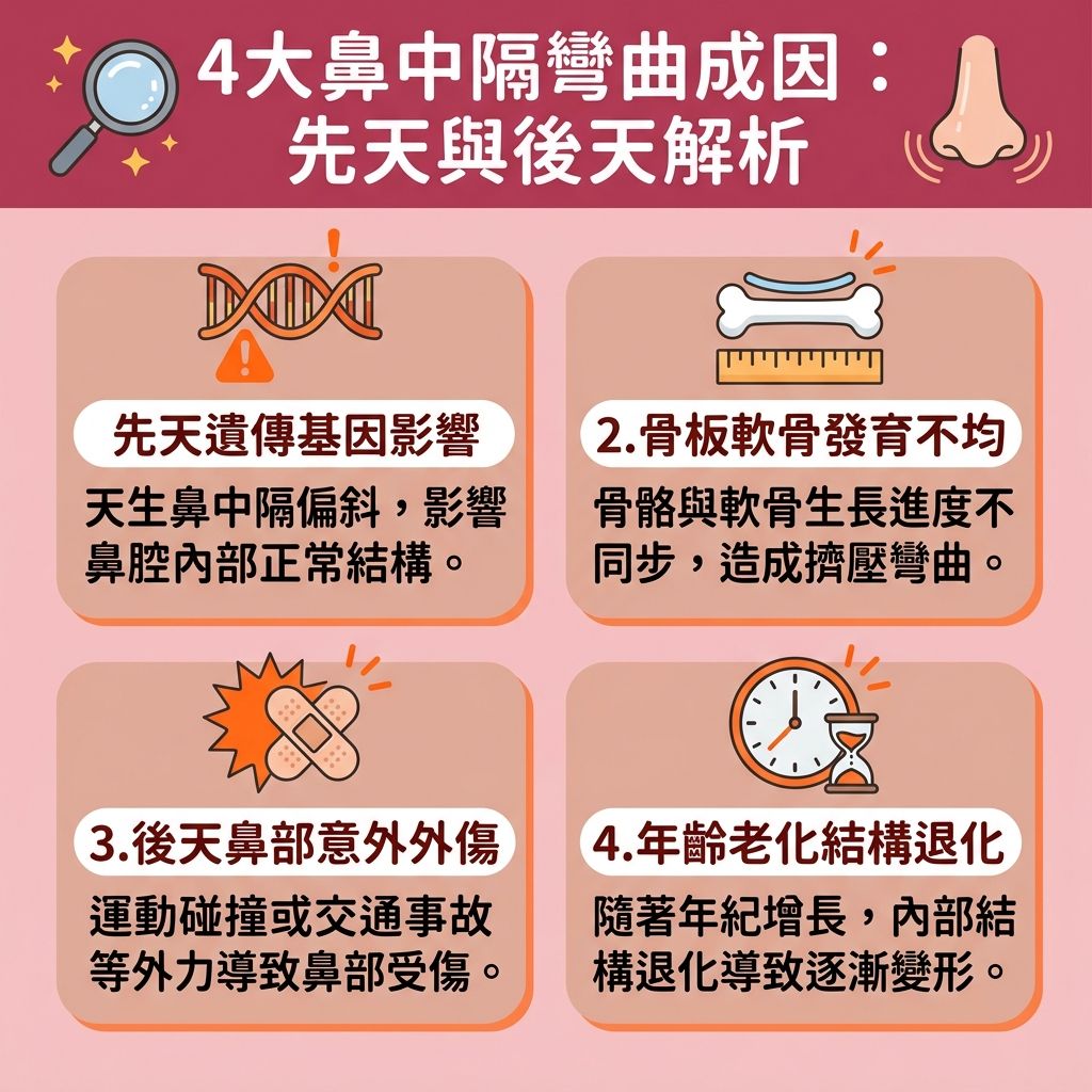 這是一張台灣健康部落格風格的 1:1 正方形扁平化資訊圖表,詳細圖解四大【鼻中隔彎曲成因】。當【鼻中隔】(即【鼻中隔偏曲】)的【骨骼】與【軟骨】【組織】因先天發育或後天外傷變形時,會導致【鼻腔】空間受壓迫。常見的【鼻中隔彎曲症狀】包括嚴重的【單側鼻塞】或雙側【鼻塞】,進而引發【鼻炎】、【鼻水】狂流、頻繁的【鼻出血】,以及【鼻腔分泌物增多】與【鼻黏膜腫脹】。若不理會,容易惡化成【鼻竇炎】。
為了【舒緩鼻敏感】並尋求【慢性鼻竇炎治療】,患者應前往專業【診所】尋求【醫生】進行【耳鼻喉科專科診斷】。透過【耳鼻喉科】的【內視鏡】檢查,能準確評估【鼻黏膜】狀況。長期的鼻塞會導致【呼吸道】受阻,引發嚴重的【鼻鼾】甚至【睡眠窒息症】(【睡眠呼吸中止】)。
為了【舒緩呼吸困難】、【改善用口呼吸】與【改善呼吸道阻塞】,並有效找出【解決鼻塞方法】以【減少打鼻鼾】和【改善睡眠質素】,醫生可能會建議進行【鼻中隔彎曲手術】。現代醫學常採用【微創切除手術】(如【鼻中隔成形術】),這類【微創】【手術】不僅能精準矯正,更大幅縮短了【術後恢復期】,讓您徹底告別呼吸不順的困擾。