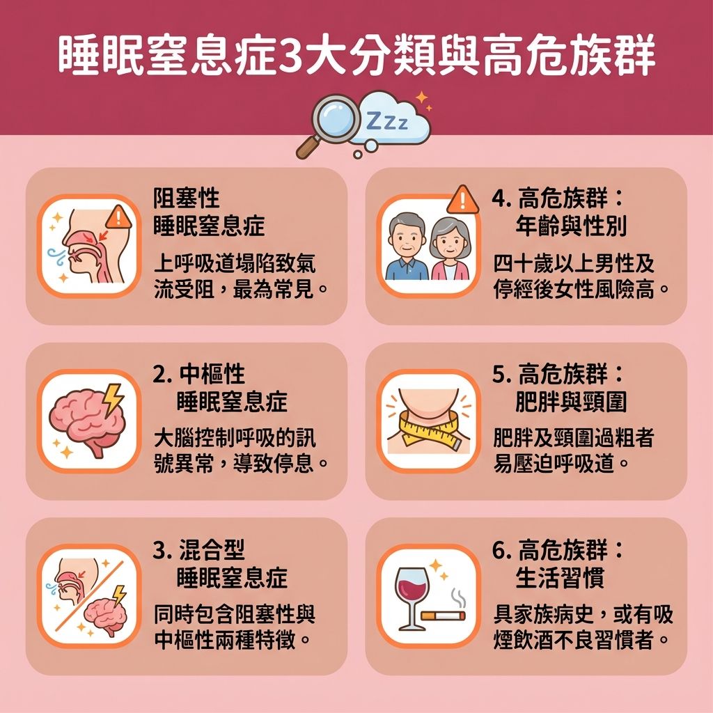 這是一張台灣健康部落格風格的 1:1 正方形扁平化資訊圖表,詳細解說【睡眠窒息症評估】的三大自我測試。當出現【睡眠缺氧症狀】或頻繁【鼻鼾】時,需警惕【阻塞性睡眠窒息症】(一種常見的【睡眠窒息症】)。了解【睡眠窒息症成因】可知,當頸部【脂肪】積聚壓迫【呼吸道】、或【喉嚨】與【軟顎】的【肌肉】過度鬆弛,甚至【扁桃腺】過大,都會導致【睡眠呼吸中止】。此外,患有【鼻敏感】或【鼻竇炎】等問題也會增加上呼吸道阻塞的機率。
為了【減輕日間疲倦】並【預防心血管疾病】,大眾可先在家進行量表自測,並考慮使用市面上的【脈搏血氧儀】監測夜間【血氧】。若發現【停止呼吸頻率】過高,應盡早前往專業【診所】或【醫院】尋求【醫生】進行正式的【睡眠測試】(如【睡眠多項生理檢查】)。透過【腦電圖】、【心電圖】與專業的【睡眠監測儀】來完成精準的【睡眠窒息症診斷】。許多人也會比較【睡眠測試收費】,進而選擇【家居睡眠測試】或尋找合適的【睡眠測試醫院】。
在確診後,醫生會提供【睡眠窒息症治療】與【打鼻鼾解決方法】。除了配戴【呼吸機】並留意【呼吸機副作用】外,也有許多非手術的【解決鼻鼾方法】。例如透過【無創止鼾療程】來【改善呼吸道阻塞】與【保持呼吸道暢通】,這能有效【改善睡眠質素】,讓你徹底告別打呼困擾。