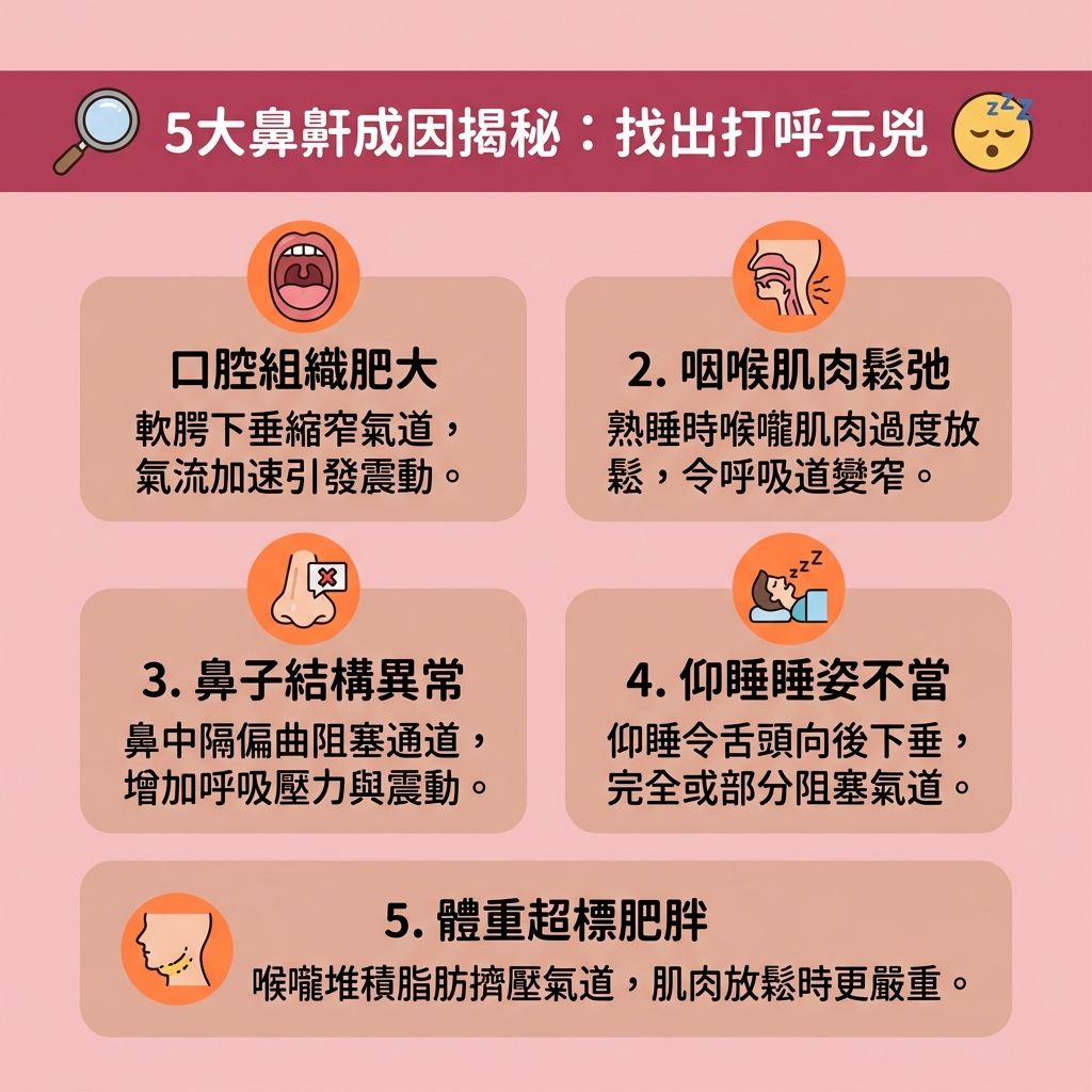 這是一張台灣健康部落格風格的 1:1 正方形扁平化資訊圖表,詳細分析鼻鼾成因與阻塞性睡眠窒息症的高危因素。圖表指出,當過度肥胖導致喉嚨周圍堆積脂肪,或軟顎與肌肉過度鬆弛時,會壓迫呼吸道,阻礙氣流。這不僅會引發睡眠窒息症,造成頻繁的睡眠呼吸中止,更會出現睡眠缺氧症狀,降低血液氧氣濃度,嚴重影響整體的睡眠質素。
為了預防心血管疾病並減輕日間疲倦,我們必須尋求解決鼻鼾方法以改善睡眠質素。如有疑問,建議到專業診所尋求醫生進行詳細的睡眠測試診斷。了解如何降低停止呼吸頻率與保持呼吸道暢通後,可選擇合適的睡眠窒息症治療,如佩戴呼吸機,或進行傳統手術來處理肥大的黏膜。
如今,市場上推出了先進的無痛止鼾技術,成為熱門的無創止鼾療程。透過特殊探頭發放激光的能量,這種非入侵性療程能精準刺激膠原增生(補充流失的膠原蛋白)。其卓越的激光止鼾效果能有效收緊喉嚨肌肉,成功擴張上呼吸道並改善呼吸道阻塞。在向專業人士充分了解鼻鼾槍價錢與鼻鼾槍副作用後,這項新技術將助你重拾安穩健康的睡眠。
